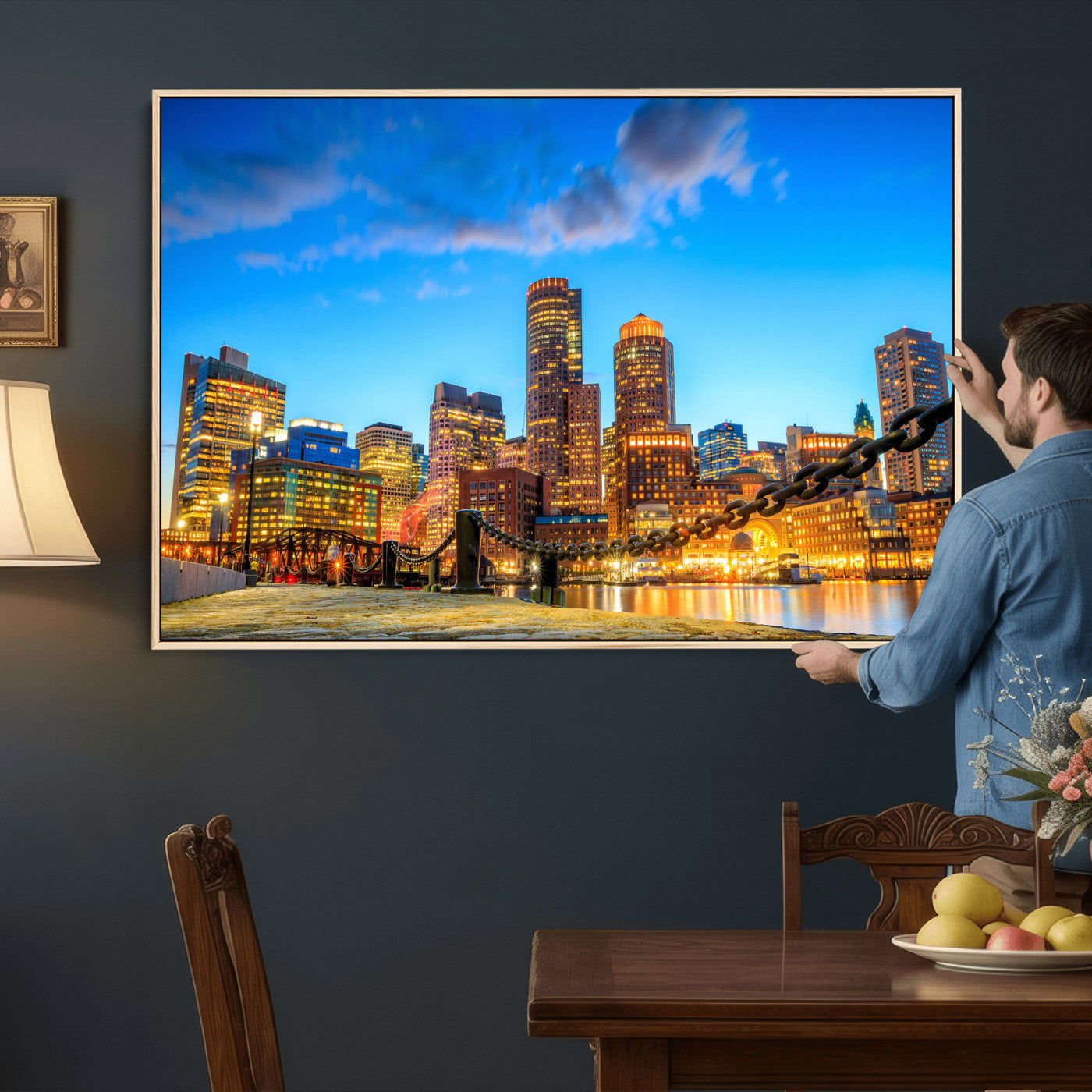 46736409-MGV-CV-36X24 - Boston Wall Art Canvas Print, Boston City Downtown Night Cityscape Print for Modern Urban Wall Decor