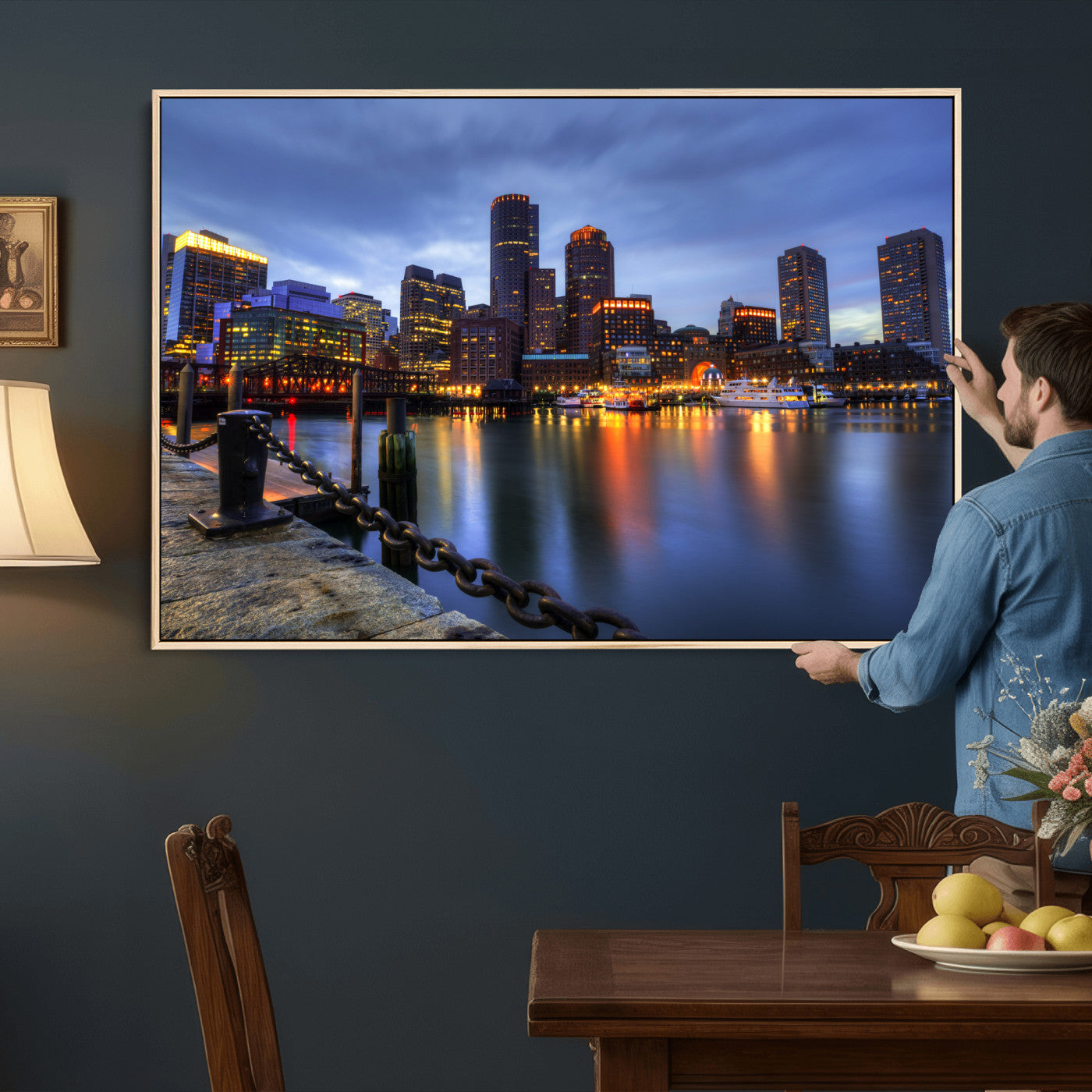 82439622-MGV-CV-36X24 - Boston Wall Art Canvas Print, Boston City Downtown Night Cityscape Print for Modern Urban Wall Decor