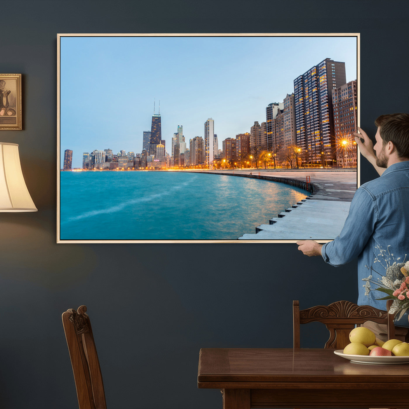 66780141-MGV-CV-36X24 - Chicago Wall Art Canvas Print, Chicago City Downtown Night Cityscape Print for Modern Urban Wall Decor