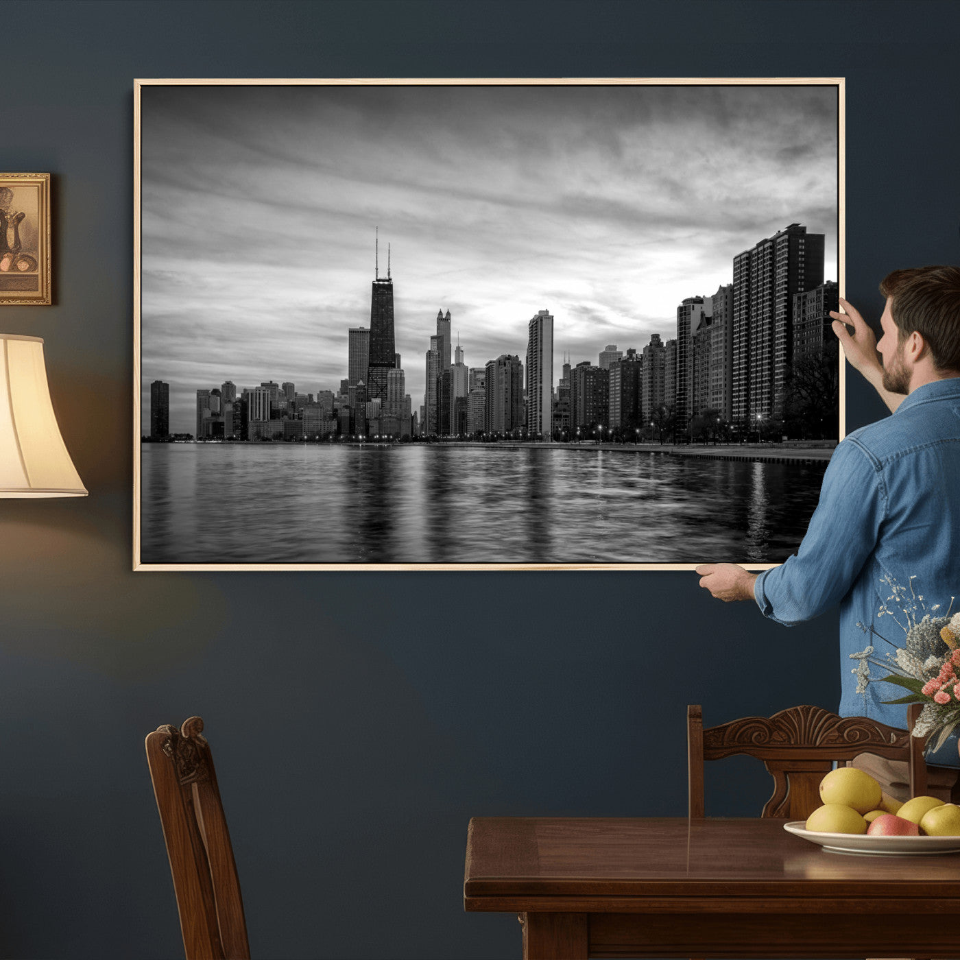 74552581-MGV-CV-36X24 - Chicago Wall Art Canvas Print, Chicago City Downtown Night Cityscape Print for Modern Urban Wall Decor