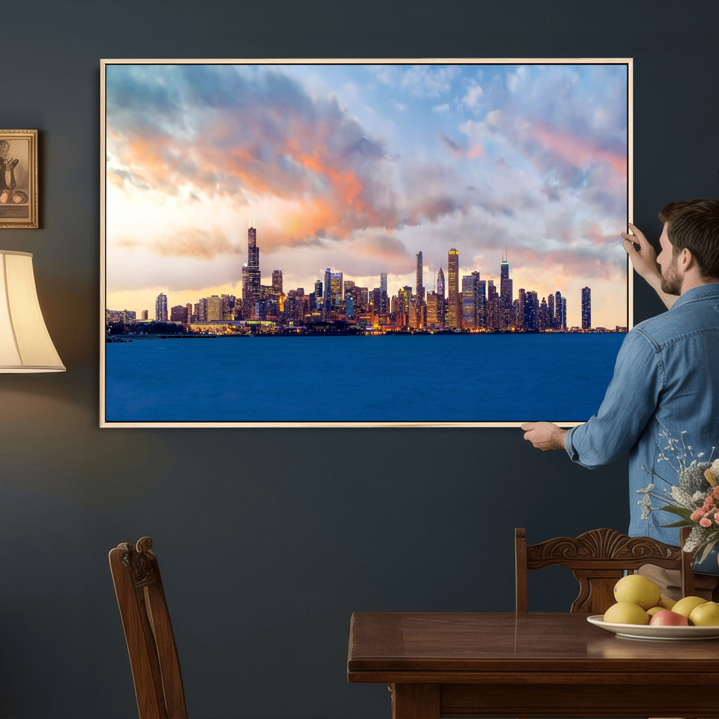 34667960-MGV-CV-36X24 - Chicago Wall Art Canvas Print, Chicago City Downtown Night Cityscape Print for Modern Urban Wall Decor