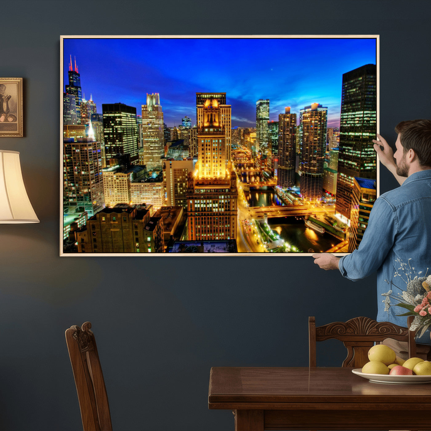 46298885-MGV-CV-36X24 - Chicago Wall Art Canvas Print, Chicago City Downtown Night Cityscape Print for Modern Urban Wall Decor