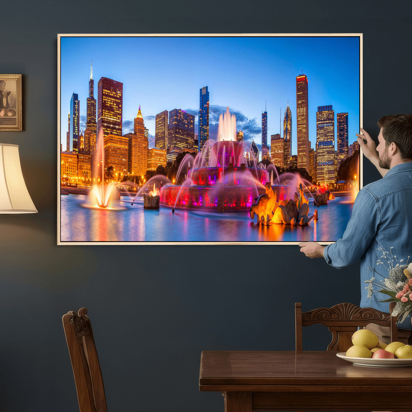 20251989-MGV-CV-36X24 - Chicago Wall Art Canvas Print, Chicago City Downtown Night Cityscape Print for Modern Urban Wall Decor