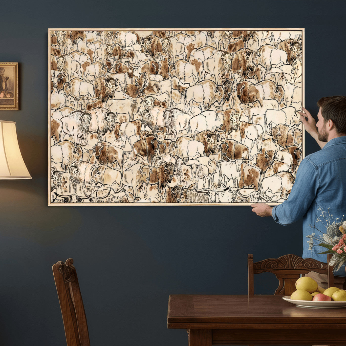 50142019-MGV-CV-36X24 - Farmhouse Animals Wall Art Canvas Print - Abstract Farm Animal Drawing Mid-Century Wall Art for Cabin Decor