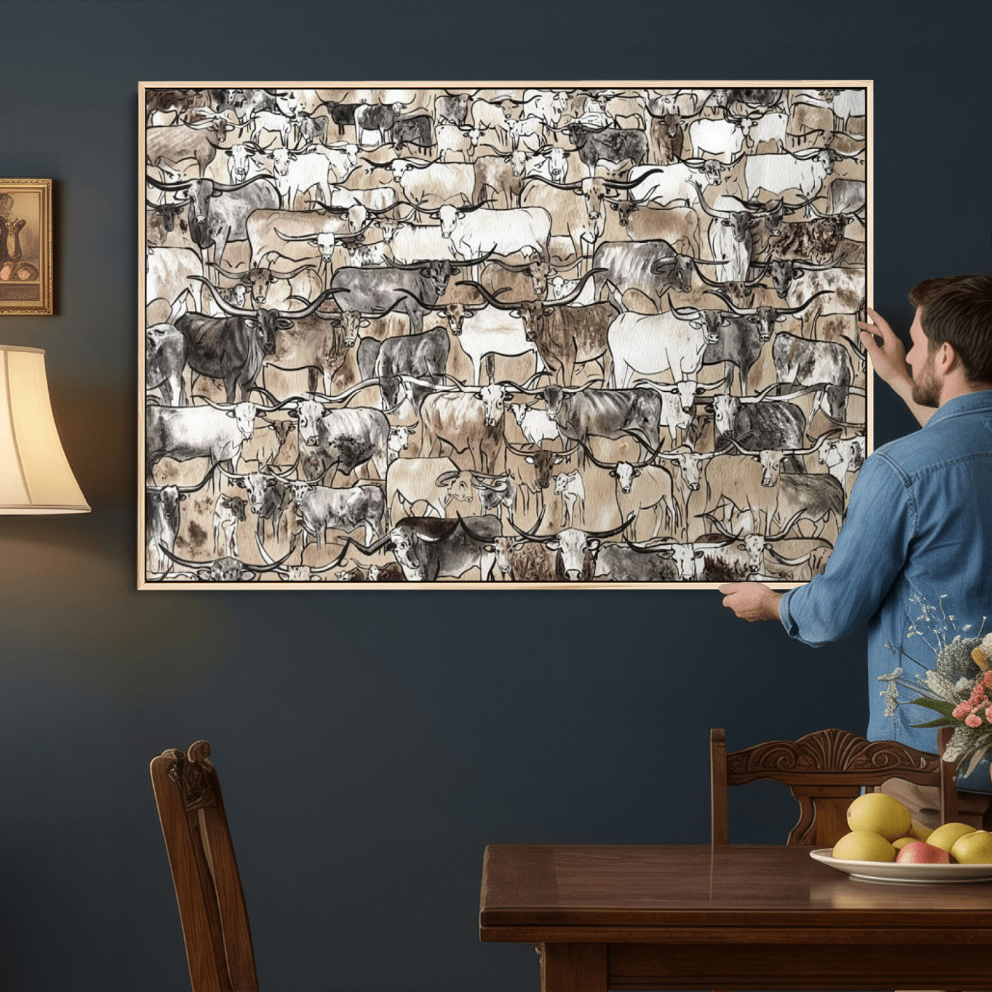 64368752-MGV-CV-36X24 - Farmhouse Animals Wall Art Canvas Print - Abstract Farm Animal Drawing Mid-Century Wall Art for Cabin Decor