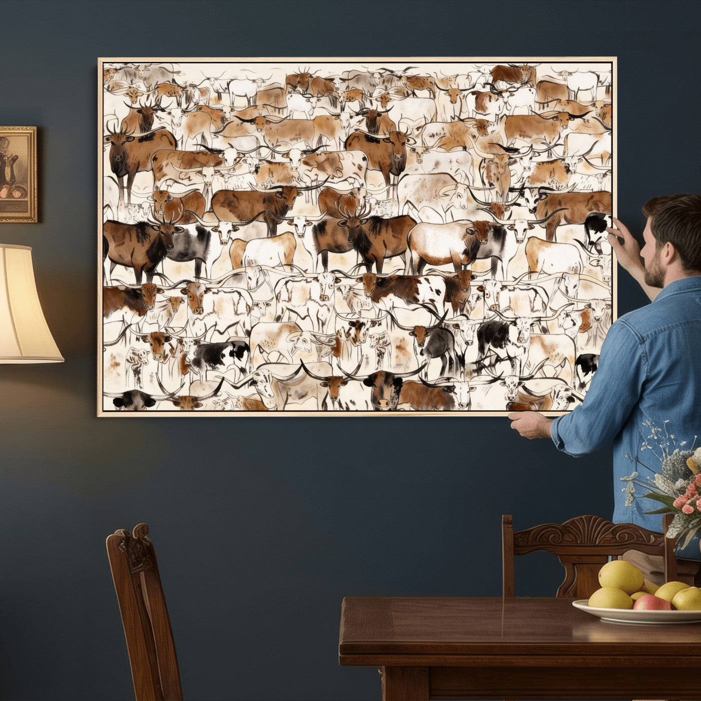 81416572-MGV-CV-36X24 - Farmhouse Animals Wall Art Canvas Print - Abstract Farm Animal Drawing Mid-Century Wall Art for Cabin Decor