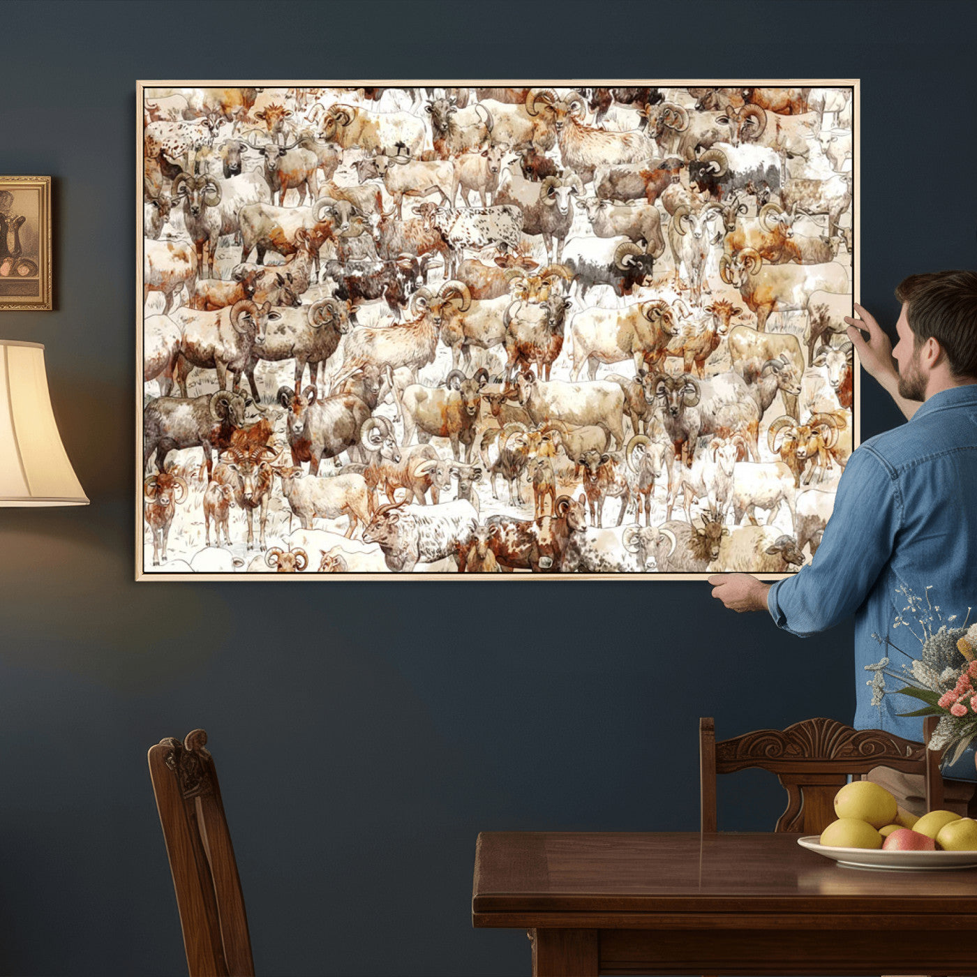95103864-MGV-CV-36X24 - Farmhouse Animals Wall Art Canvas Print - Abstract Farm Animal Drawing Mid-Century Wall Art for Cabin Decor