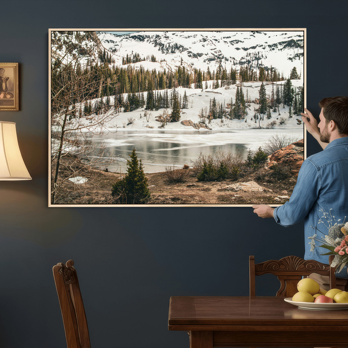 10336249-MGV-CV-36X24 - Snowy Mountain Landscape Wall Art Canvas Print, Alpine Pine Forest Winter Nature Wall Decor for Living Room and Office
