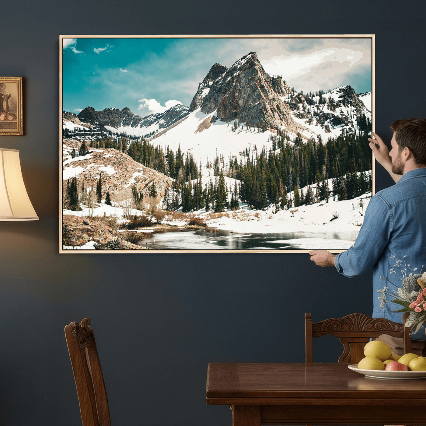 56837070-MGV-CV-36X24 - Snowy Mountain Landscape Wall Art Canvas Print, Alpine Pine Forest Winter Nature Wall Decor for Living Room and Office