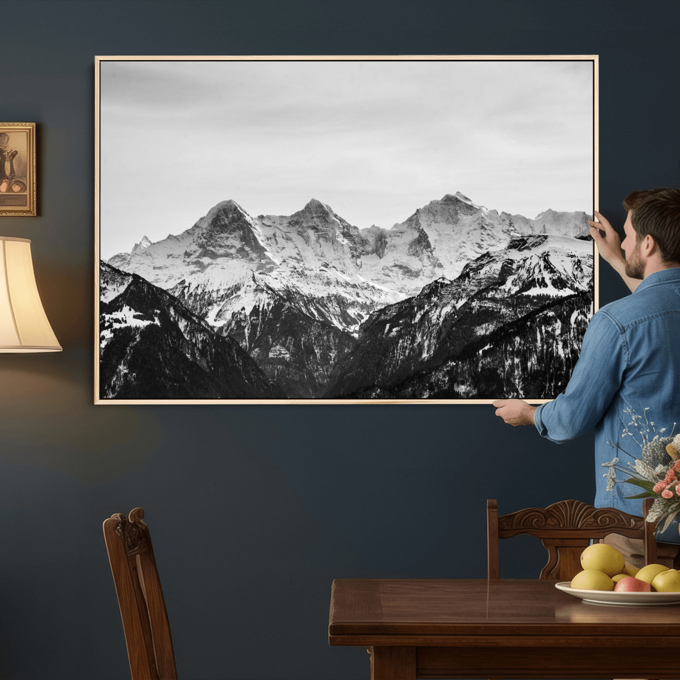 85684934-MGV-CV-36X24 - Black and White Mountain Wall Art Canvas Print, Snowy Alpine Peaks Landscape Photography, Minimal Monochrome Mountain Art, Scenic Nature Wall Decor