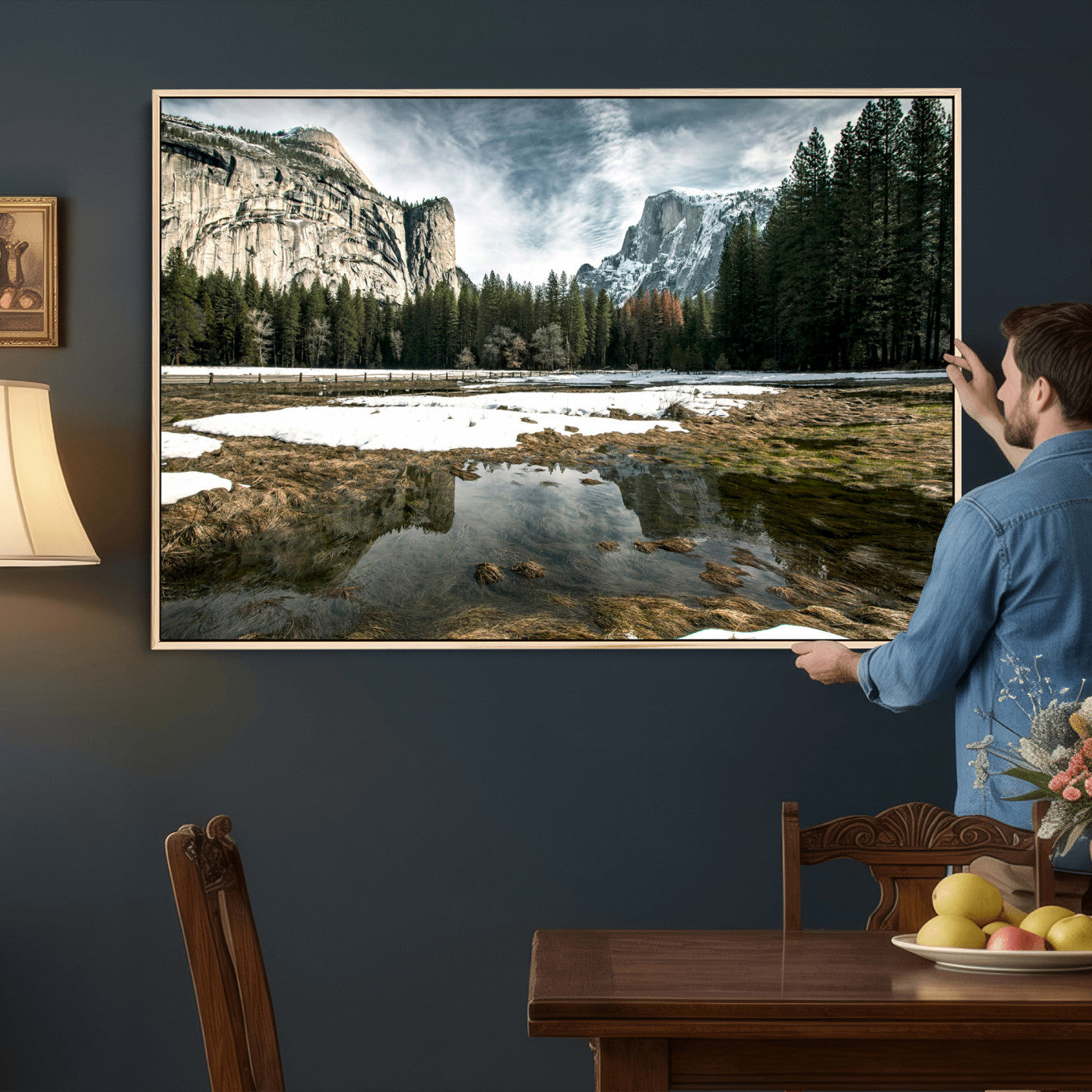 14527348-MGV-CV-36X24 - Yosemite Valley Mountain Landscape Wall Art Canvas Print, Granite Cliff Forest Valley Canvas Print, California National Park Scenic Art Printing