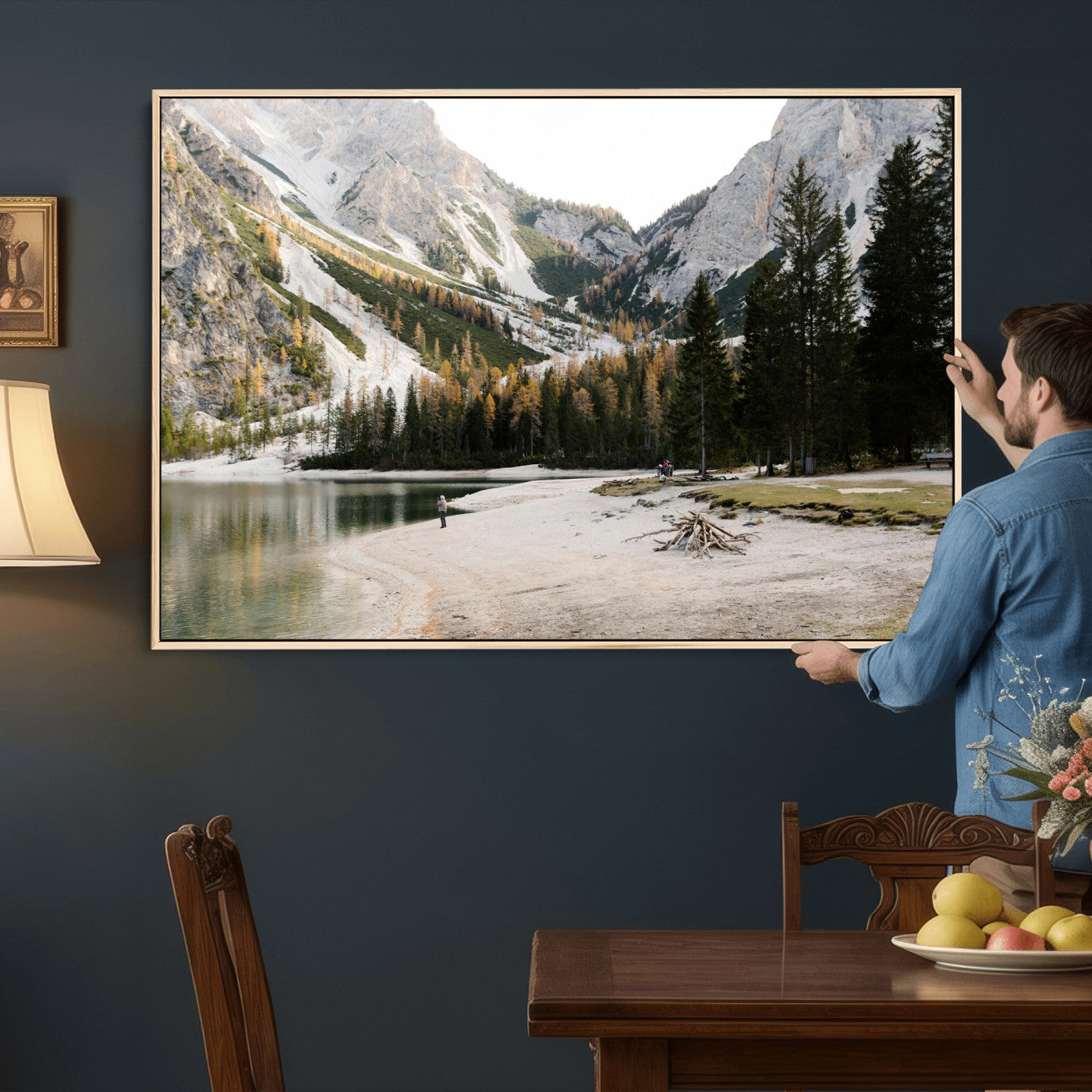 89246758-MGV-CV-36X24 - Lake Braies Alpine Landscape Wall Art Canvas Print, Dolomites Mountain Lake Forest Canvas Print, Italian Alps Scenic Nature Art Printing