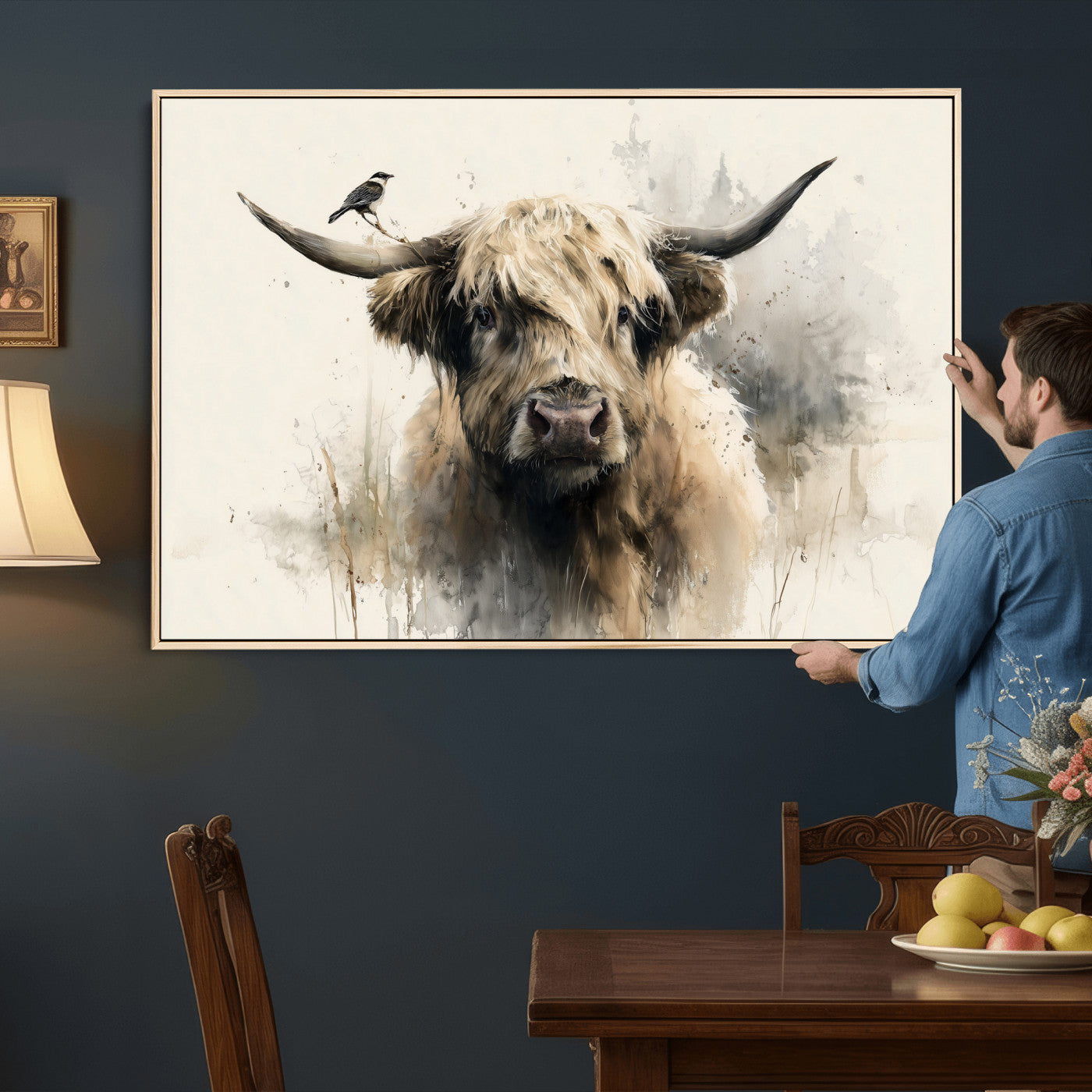 98249290-MGV-CV-36X24 - Abstract Highland Cow Watercolor Animal Wall Art Canvas Print, Rustic Farm Cattle Portrait Canvas Print, Neutral Wildlife Farmhouse Art Printing