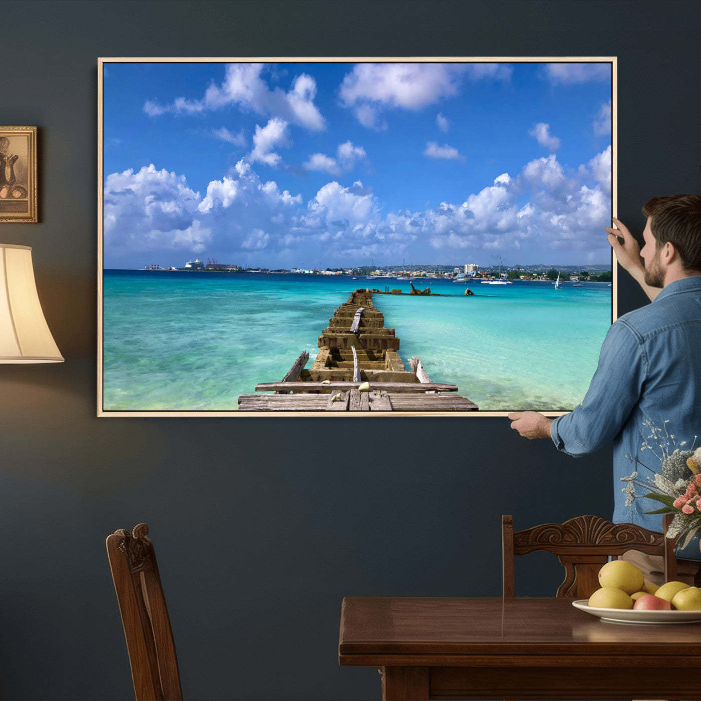 43165024-MGV-CV-36X24 - Caribbean Ocean Pier Seascape Wall Art Canvas Print, Turquoise Sea Tropical Harbor Canvas Print, Island Coastal Blue Water Scenic Art Printing