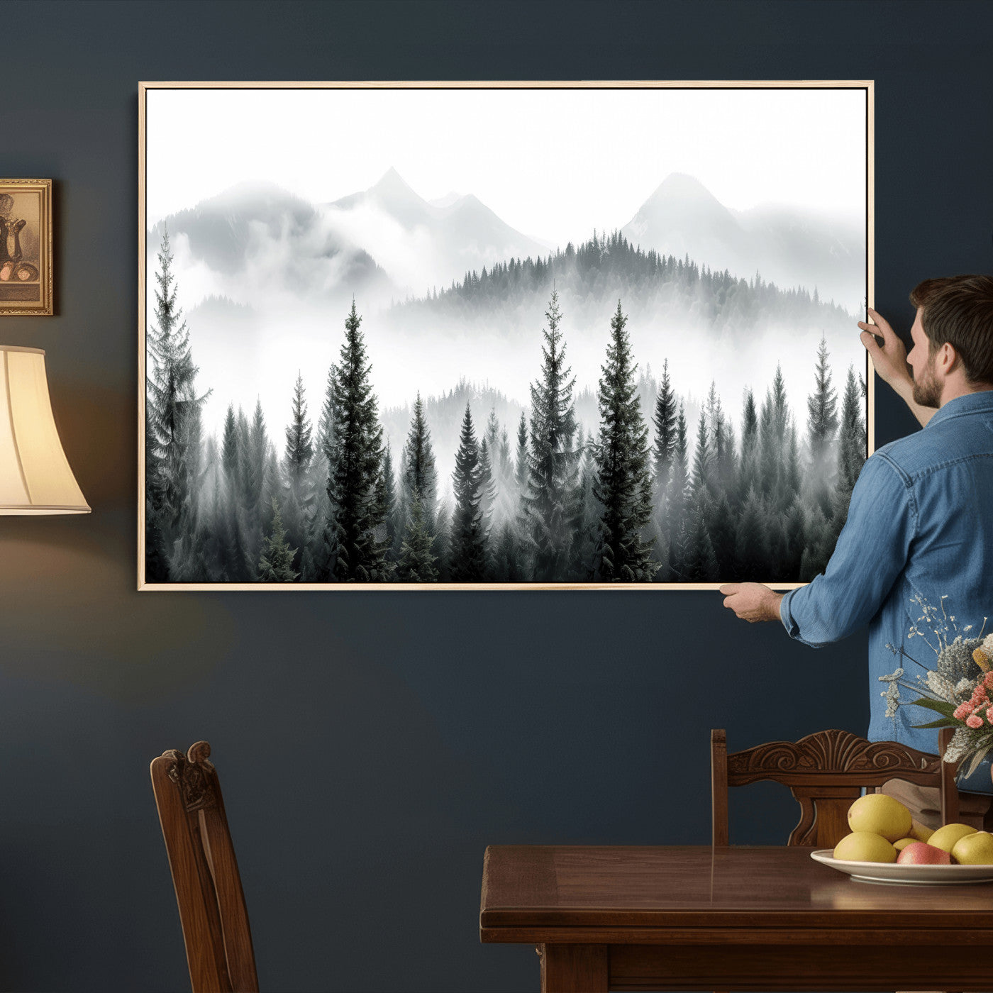 38819032-MGV-CV-36X24 - Misty Pine Forest Mountain Landscape Wall Art Canvas Print, Foggy Evergreen Trees Minimal Nature Canvas Print, Monochrome Wilderness Scenic Art Printing