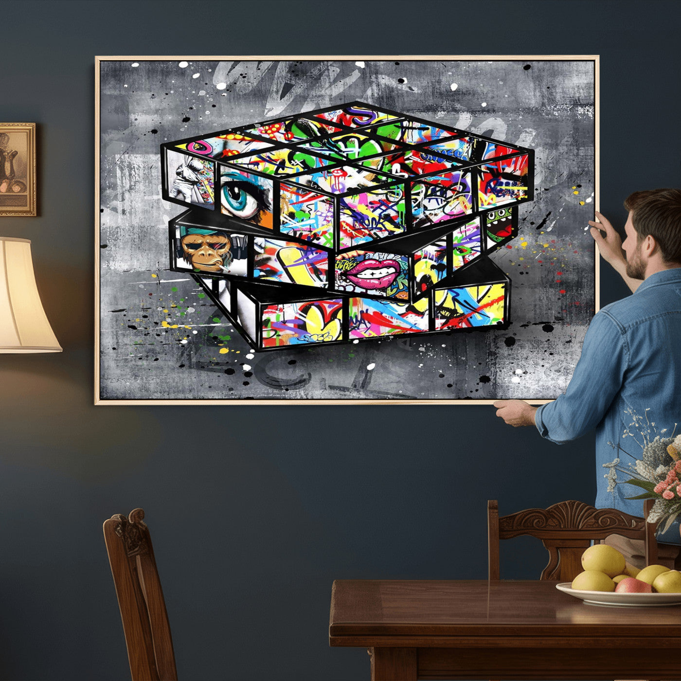 46789556-MGV-CV-36X24 - Graffiti Cube Abstract Street Art Wall Art Canvas Print, Colorful Urban Pop Art Geometric Canvas Print, Modern Street Art Contemporary Art Printing