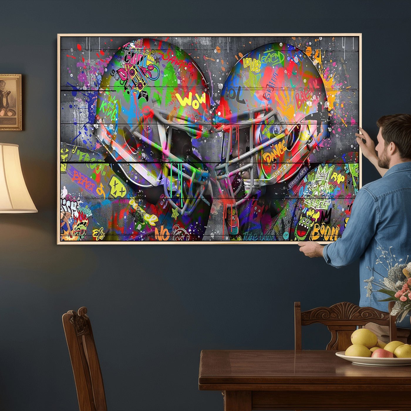 15309853-MGV-CV-36X24 - Graffiti Football Helmets Wall Art Canvas Print, Urban Street Art Sports Decor, Colorful American Football Graffiti Artwork