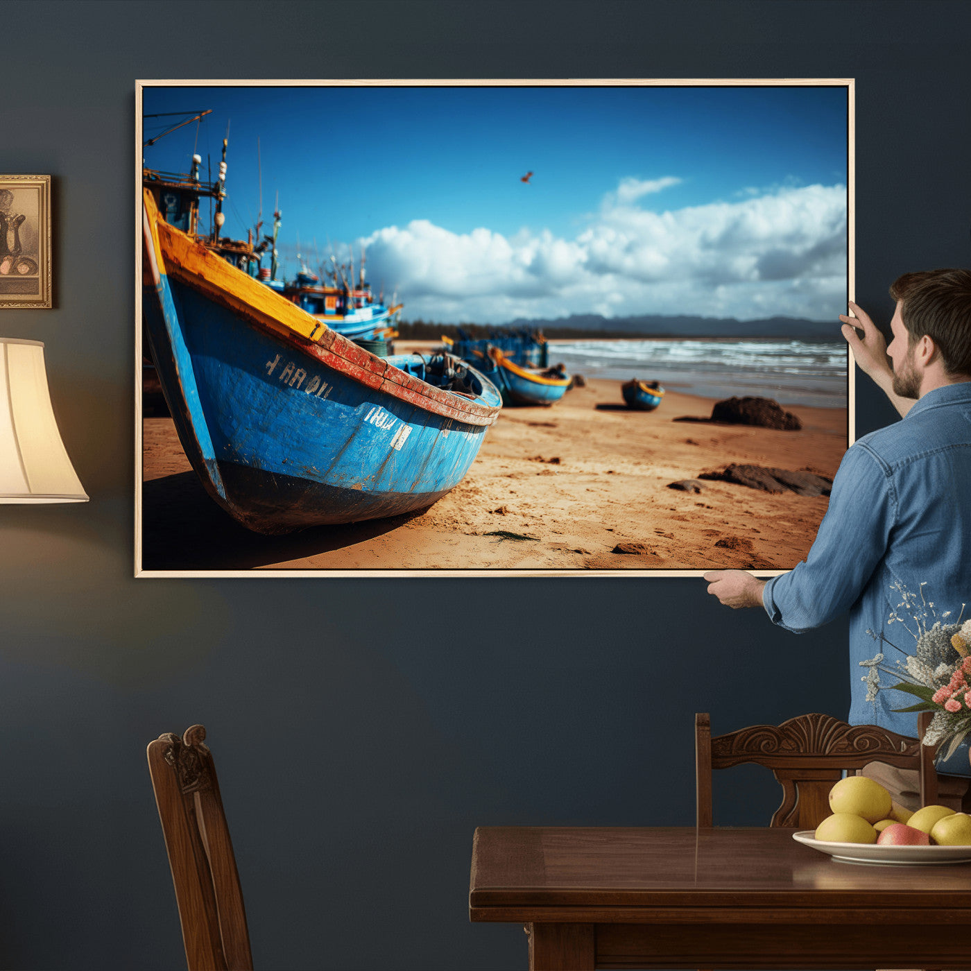70925201-MGV-CV-36X24 - Fishing Boats Wall Art Canvas Print, Coastal Boat Beach Scene, Nautical Seaside Artwork, Ocean Shore Decor, Coastal Home Wall Art