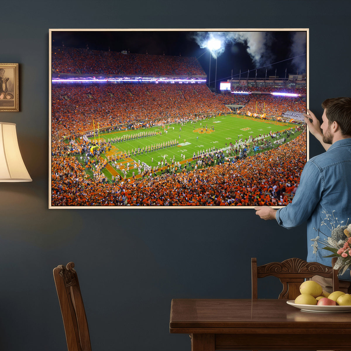 43662631-MGV-CV-36X24 - Clemson Football Stadium Wall Art Canvas Print, College Football Crowd Night Game Scene, Orange Stadium Panorama Wall Decor