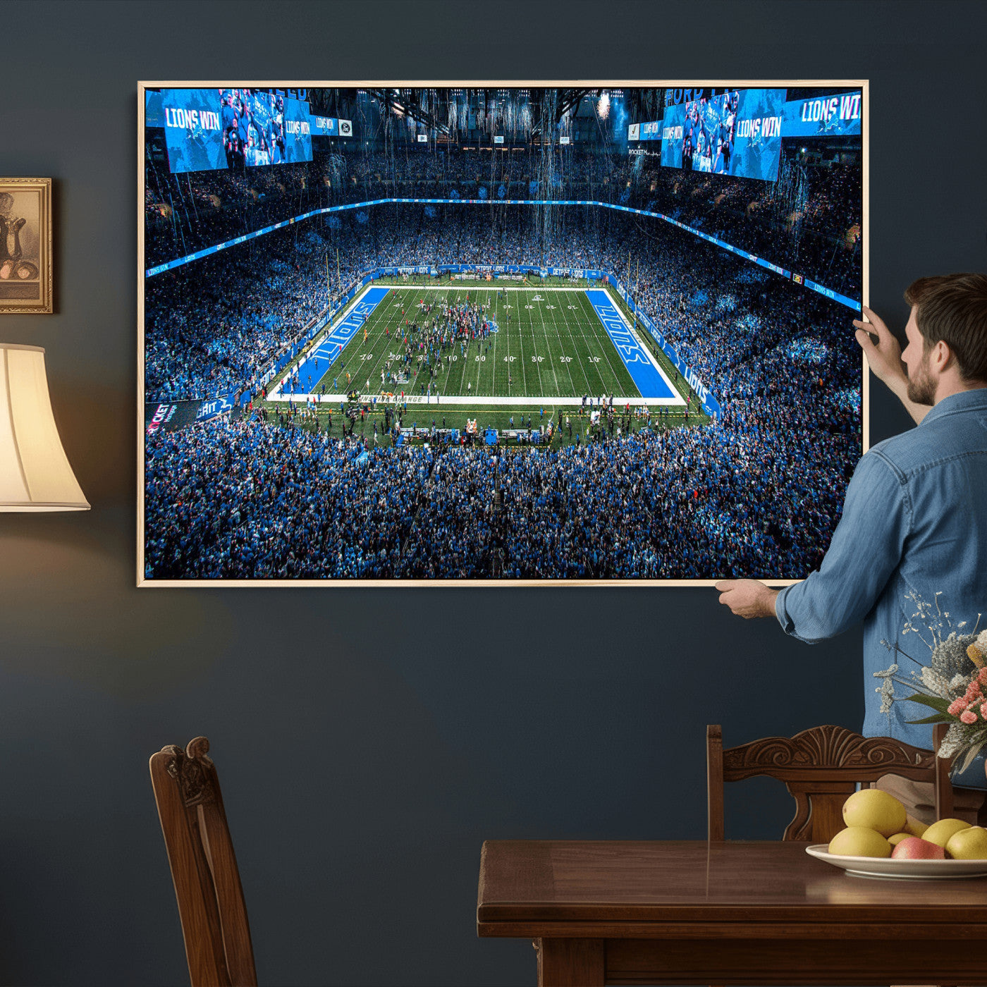 80882005-MGV-CV-36X24 - Detroit Lions Stadium Wall Art Canvas Print, Football Field Panorama Artwork, NFL Game Night Stadium Decor