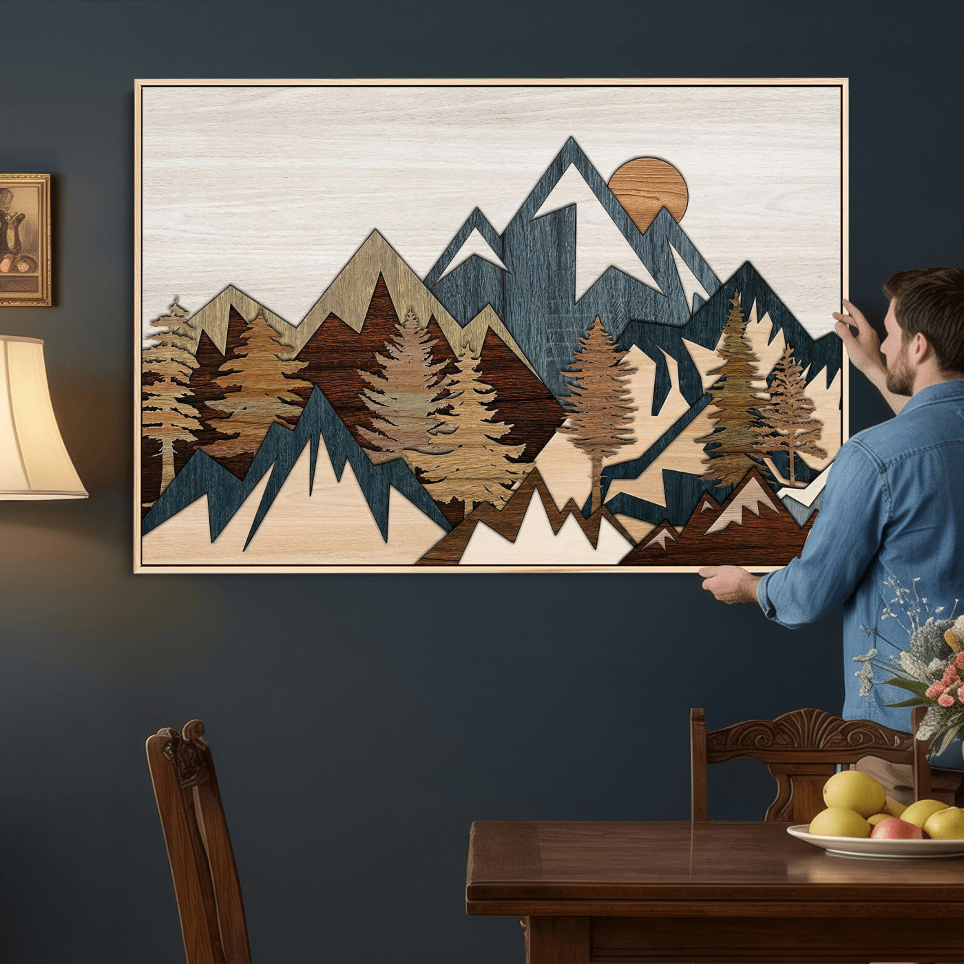 61833055-MGV-CV-36X24 - Mountain Forest Wall Art Canvas Print, Layered Wood Landscape Artwork, Rustic Nature Wall Decor for Living Room