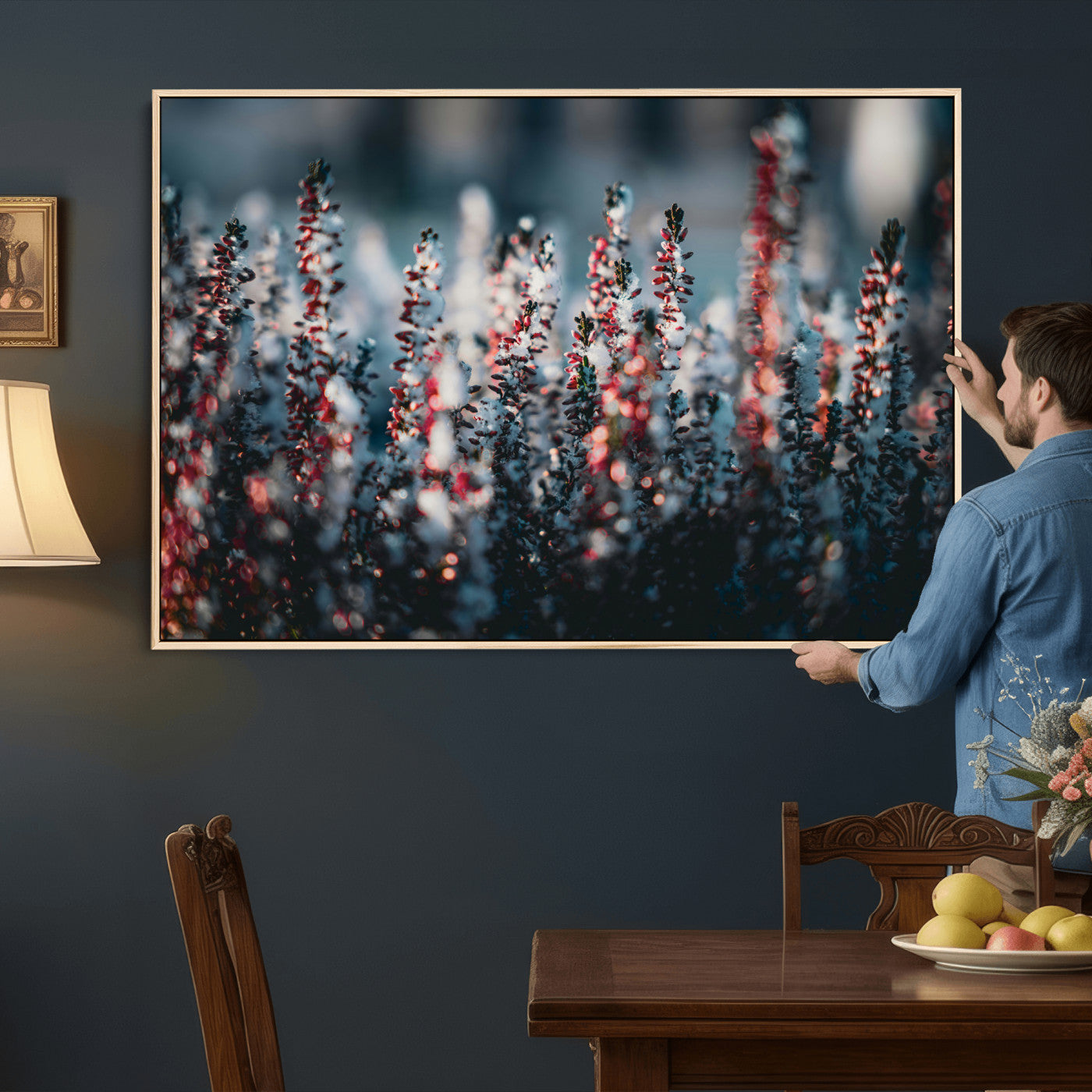 82063935-MGV-CV-36X24 - Winter Heather Wall Art Canvas Print, Frosted Floral Nature Art, Moody Botanical Wall Decor