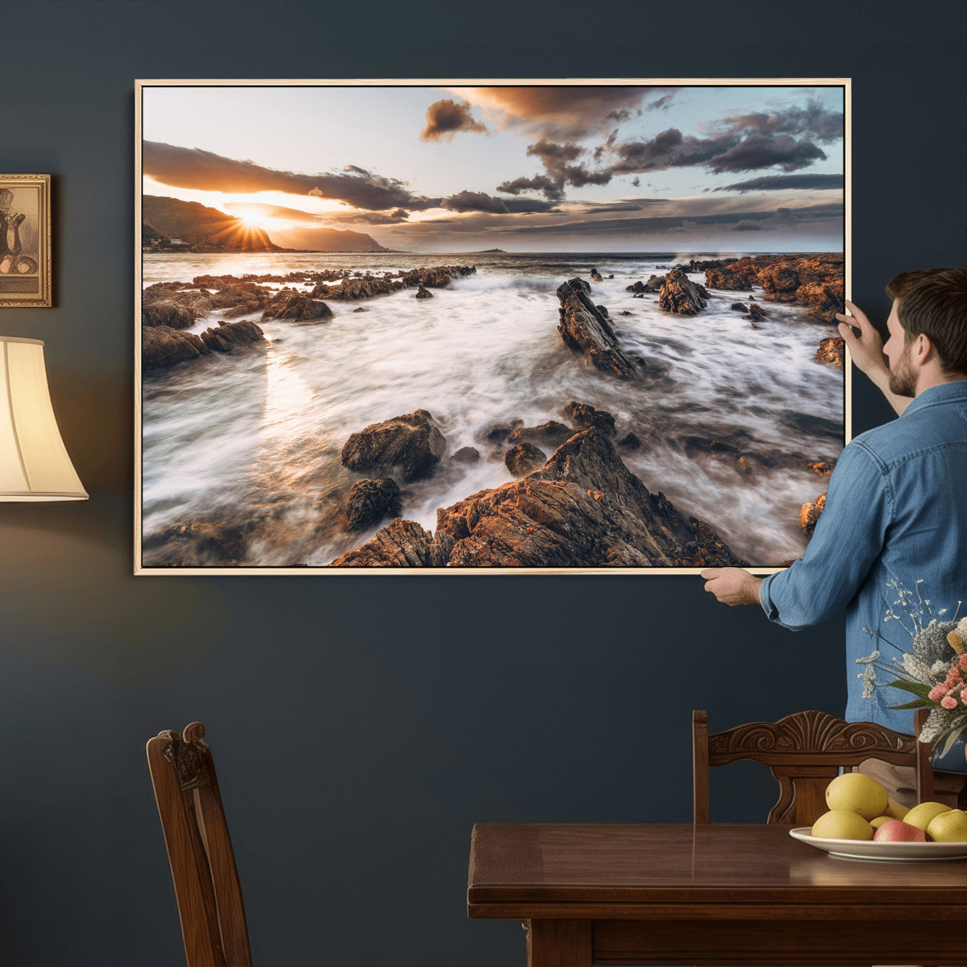 66746024-MGV-CV-36X24 - Rocky Coast Ocean Sunset Wall Art Canvas Print, Dramatic Seascape Nature Wall Decor for Living Room and Office