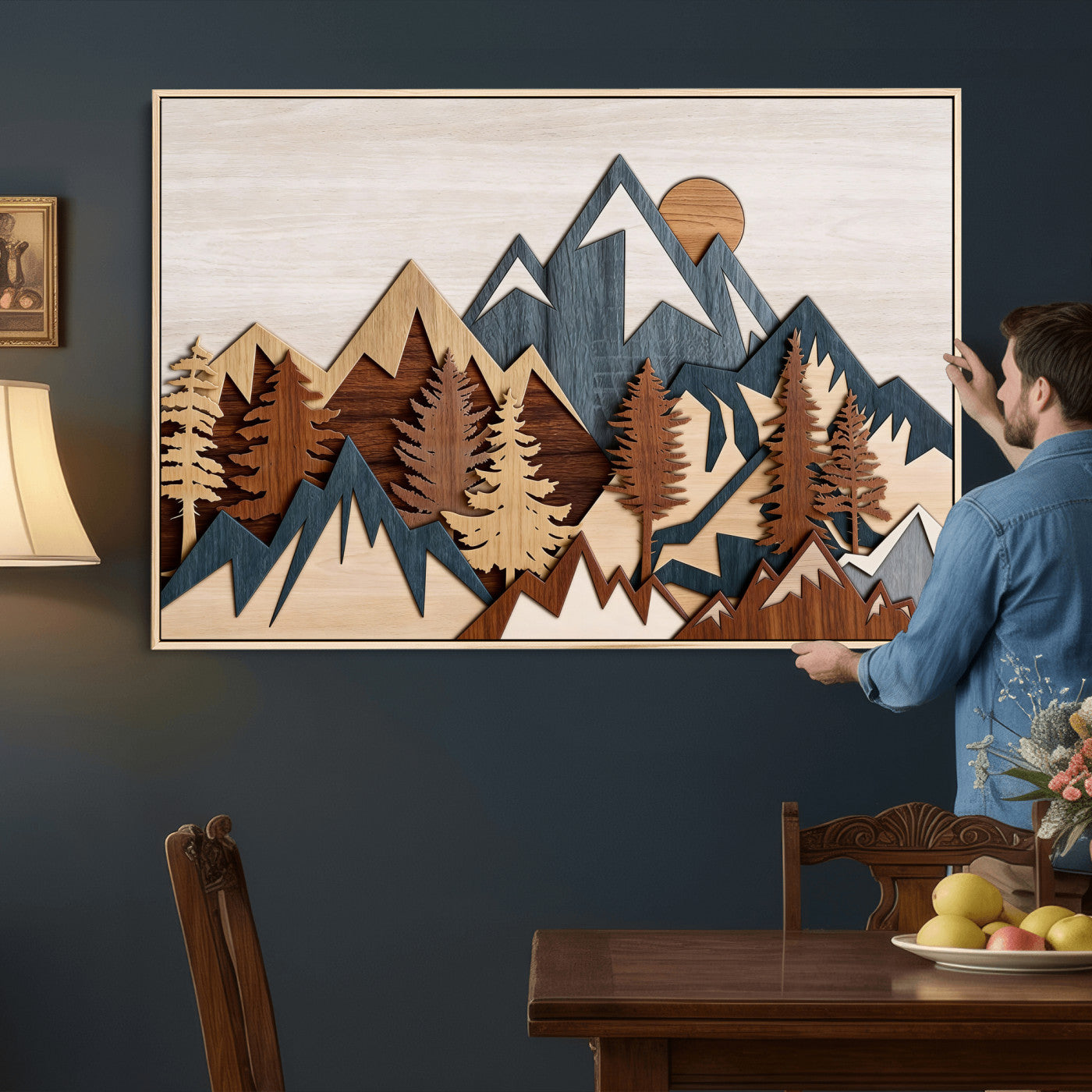 39888898-MGV-CV-36X24 - Layered Wooden Mountain Wall Art Canvas Print, Modern Rustic Forest and Pine Landscape Wall Decor
