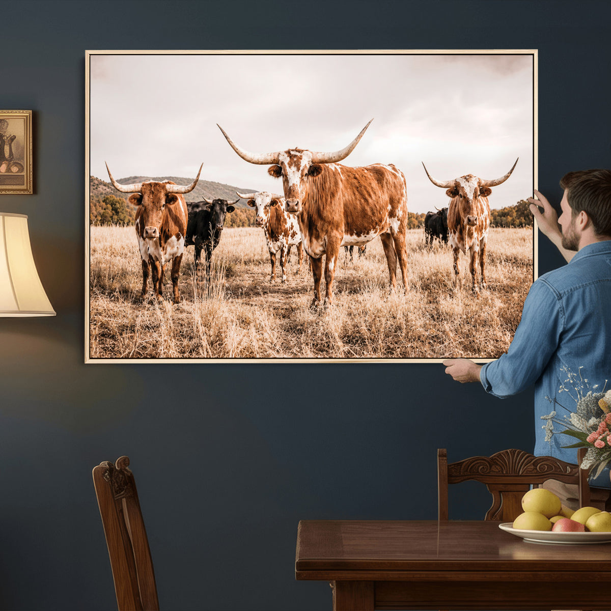 27539727-MGV-CV-36X24 - Texas Longhorn Cattle Wall Art Canvas Print, Sepia Western Decor