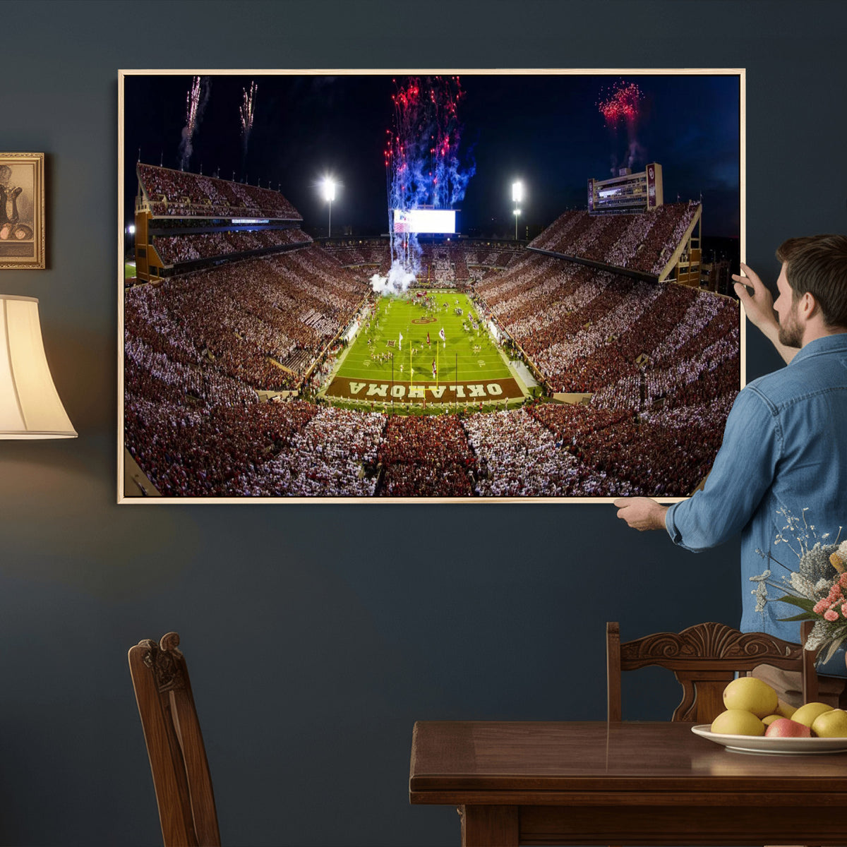 43197777-MGV-CV-36X24 - Oklahoma Memorial Stadium Wall Art Canvas Print – Oklahoma Sooners Football Artwork for Home, Office, and Sports Room Decor