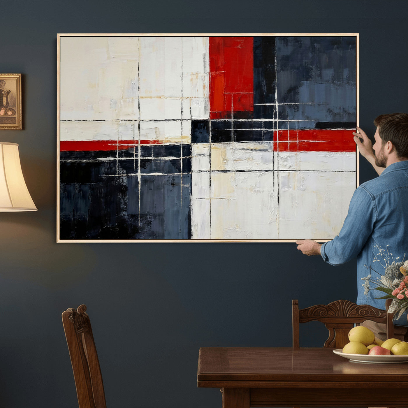 44088165-MGV-CV-36X24 - Navy Red Abstract Wall Art Canvas Print, Modern Luxury Geometric Painting Wall Decor for Living Room and Office