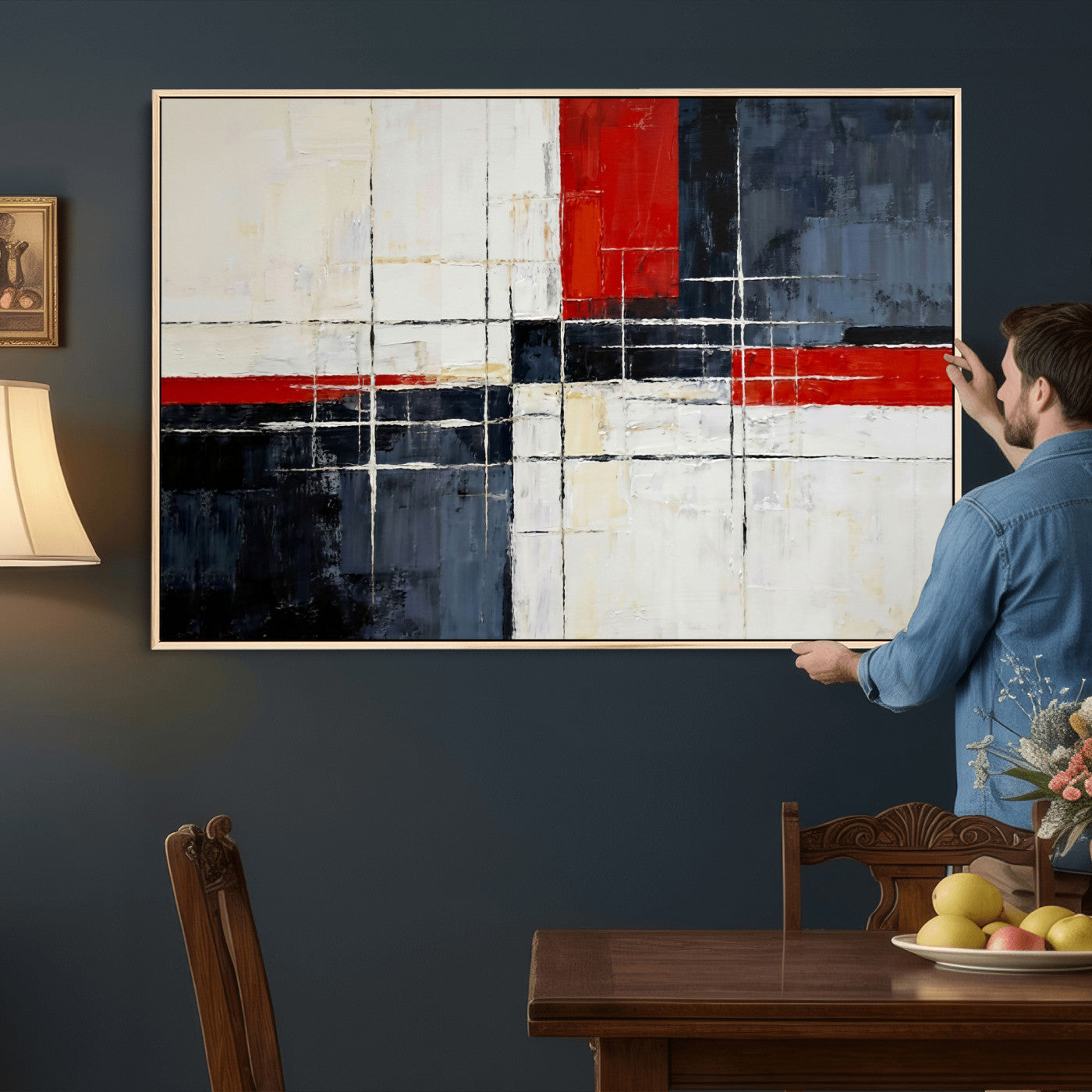 11921181-MGV-CV-36X24 - Navy Red Abstract Wall Art Canvas Print, Modern Luxury Geometric Painting Wall Decor for Living Room and Office