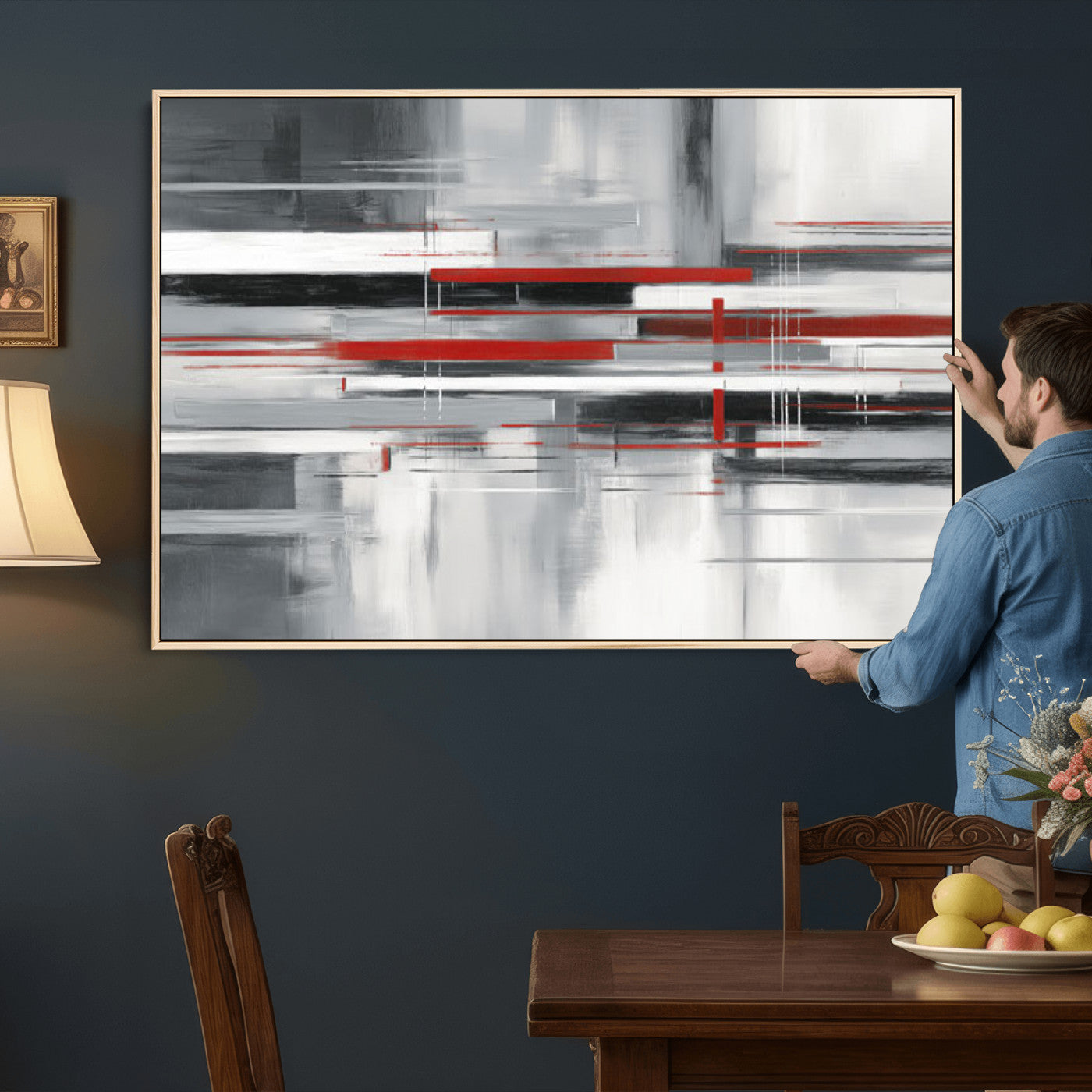 62640681-MGV-CV-36X24 - Gray Red Abstract Wall Art Canvas Print, Modern Abstract Canvas Wall Decor for Contemporary Living Room and Office