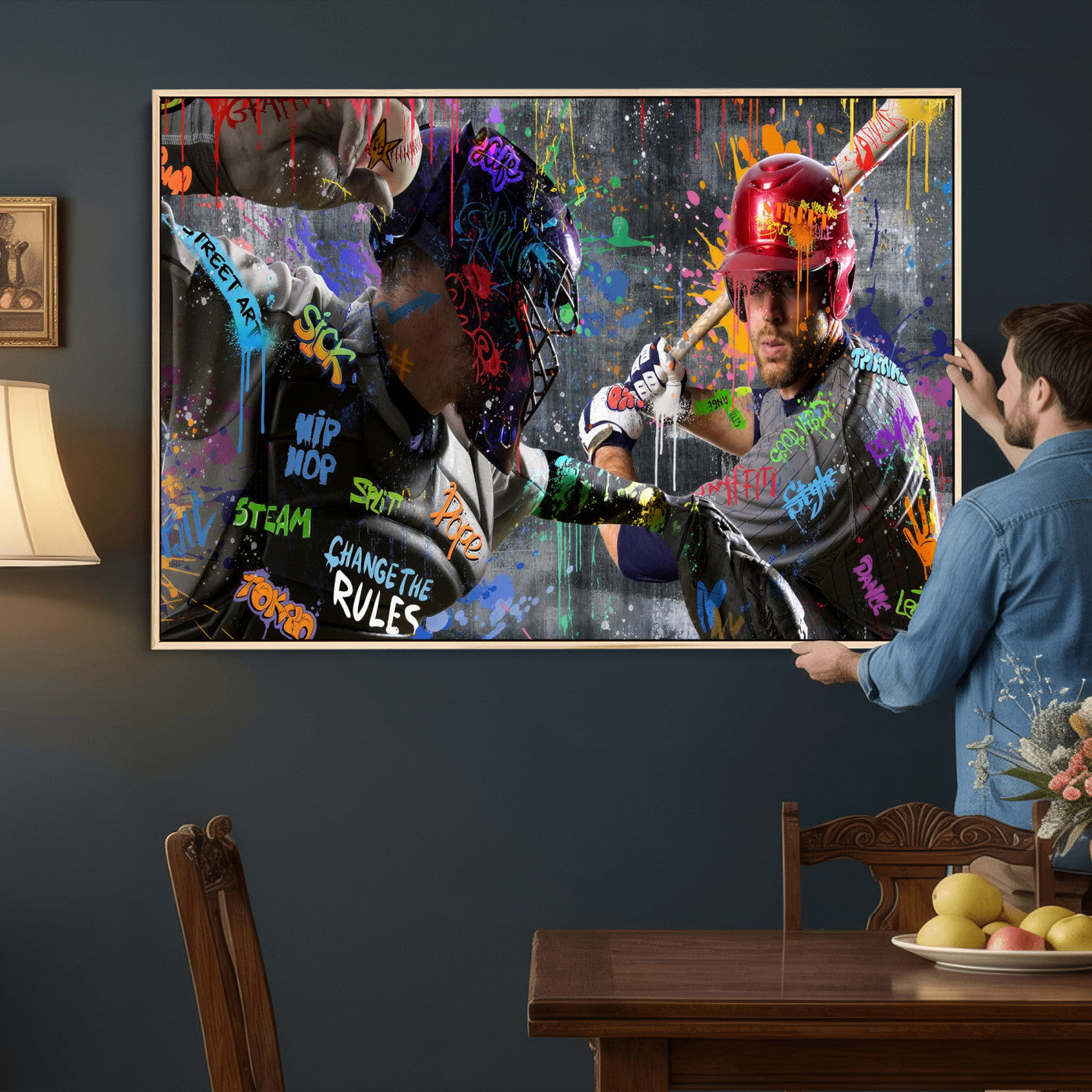 19634994-MGV-CV-36X24 - Graffiti Baseball Player Street Art Wall Art Canvas Print, Urban Sports Pop Art Baseball Canvas Print, Modern Athletic Graffiti Contemporary Art Printing