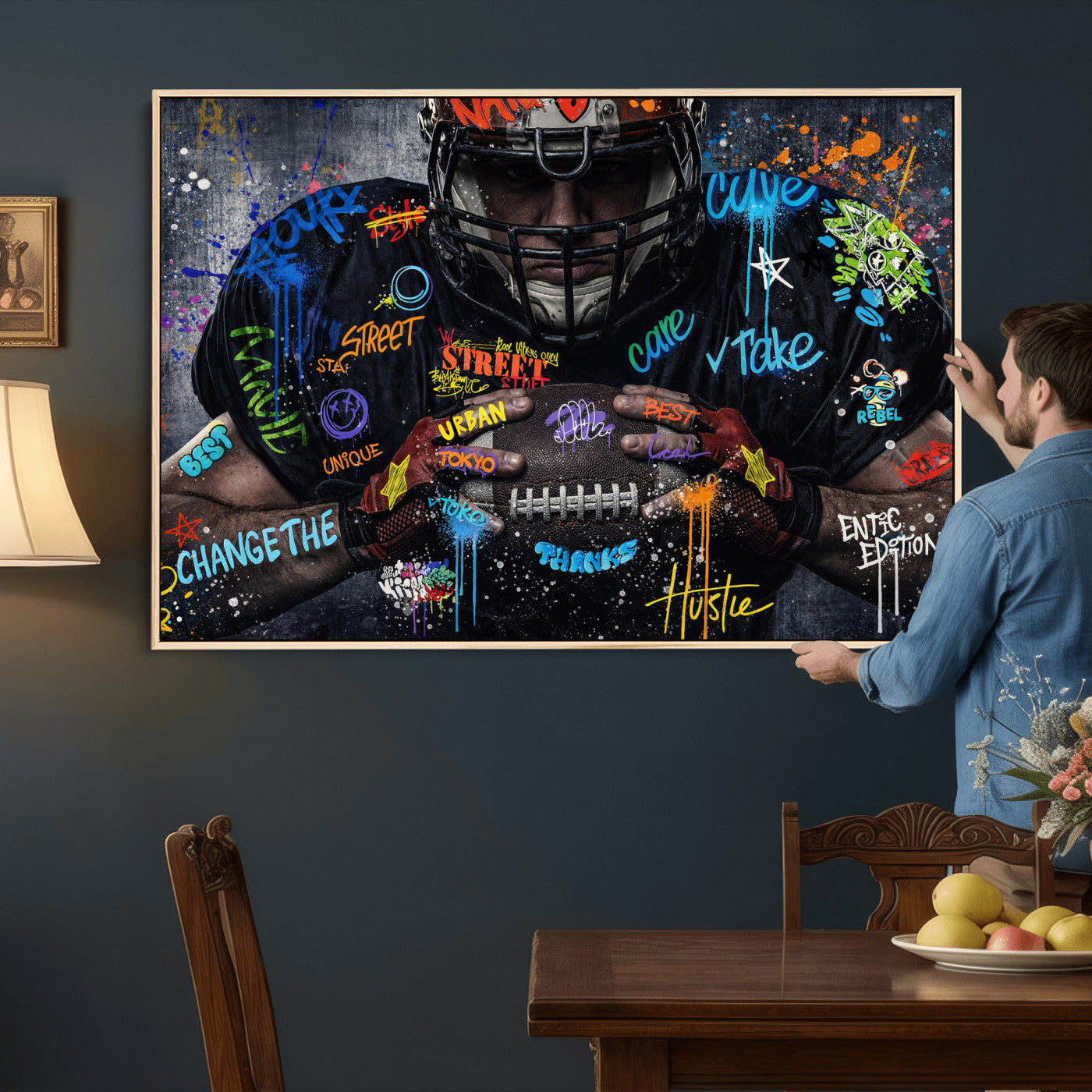 55267256-MGV-CV-36X24 - Graffiti American Football Player Street Art Wall Art Canvas Print, Urban Sports Pop Art Football Canvas Print, Modern Athletic Graffiti Contemporary Art Printing