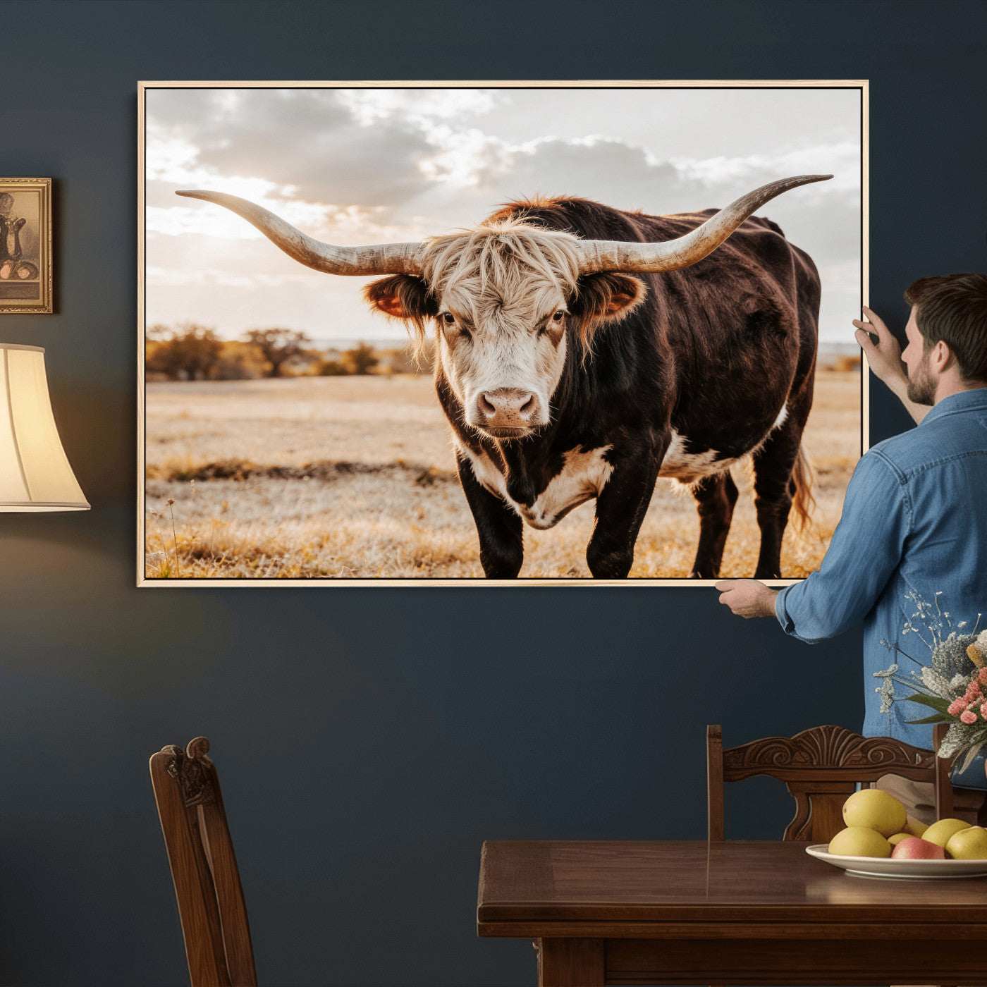 88230279-MGV-CV-36X24 - Texas Longhorn Bull Rustic Wall Art Canvas Print, Western Cattle Photography Canvas Print, Ranch Farm Animal Western Art Printing