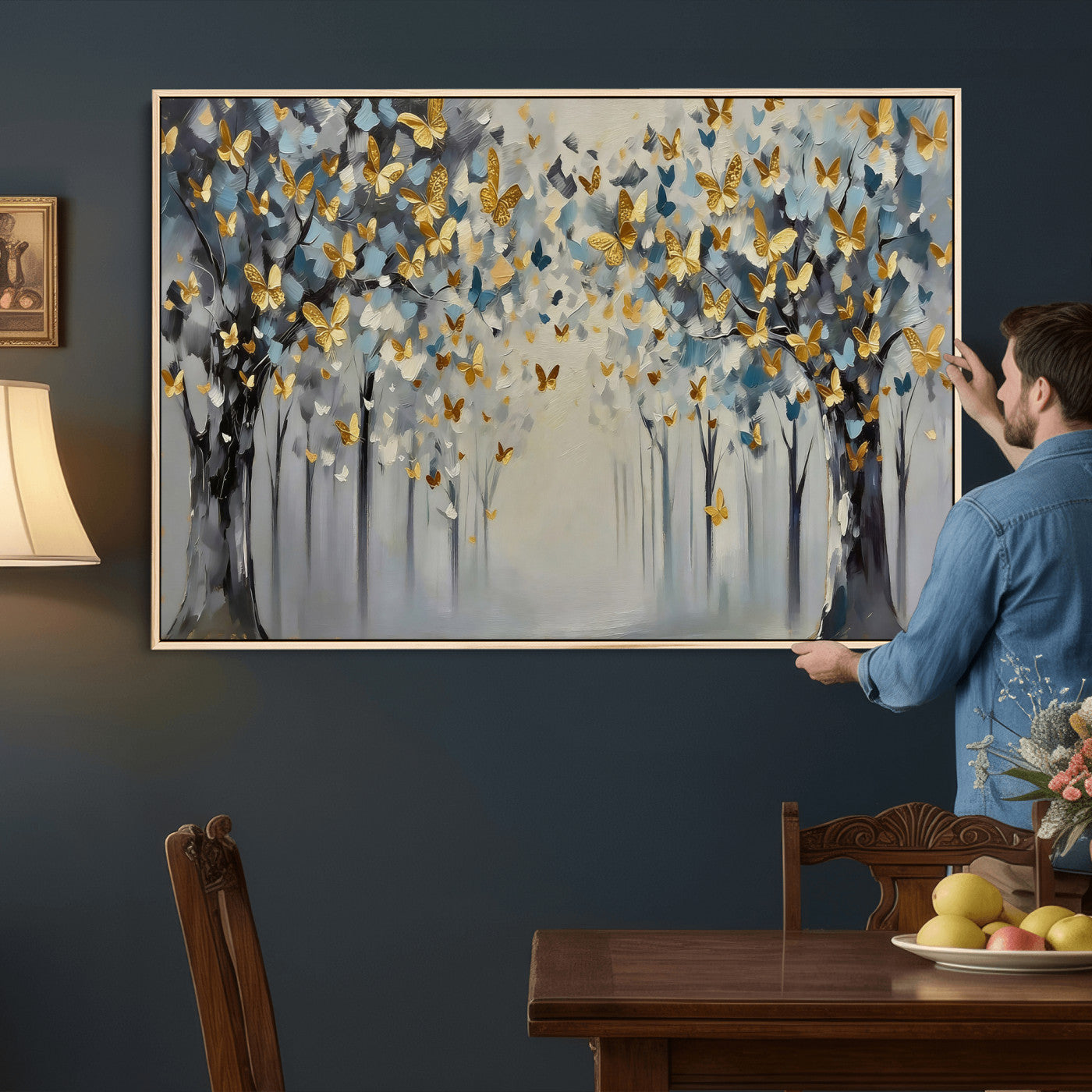 79208191-MGV-CV-36X24 - Golden Butterfly Tree Abstract Wall Art Canvas Print, Modern Elegant Nature Painting Canvas Print, Blue Gold Contemporary Floral Art Printing