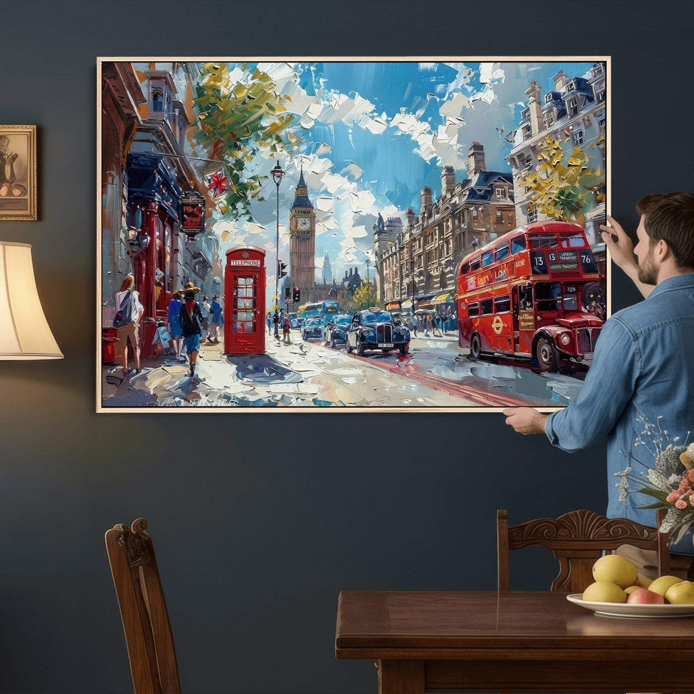 17630888-MGV-CV-36X24 - London Street Canvas Wall Art — Big Ben Red Bus Print | Oil Painting Style | UK City Wall Decor | Travel Art Gift | Living Room Print