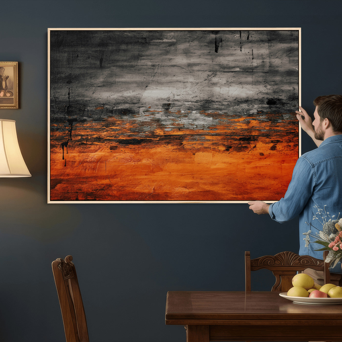 75409282-MGV-CV-36X24 - Black Orange Abstract Wall Art Canvas Print Modern Textured Painting Decor