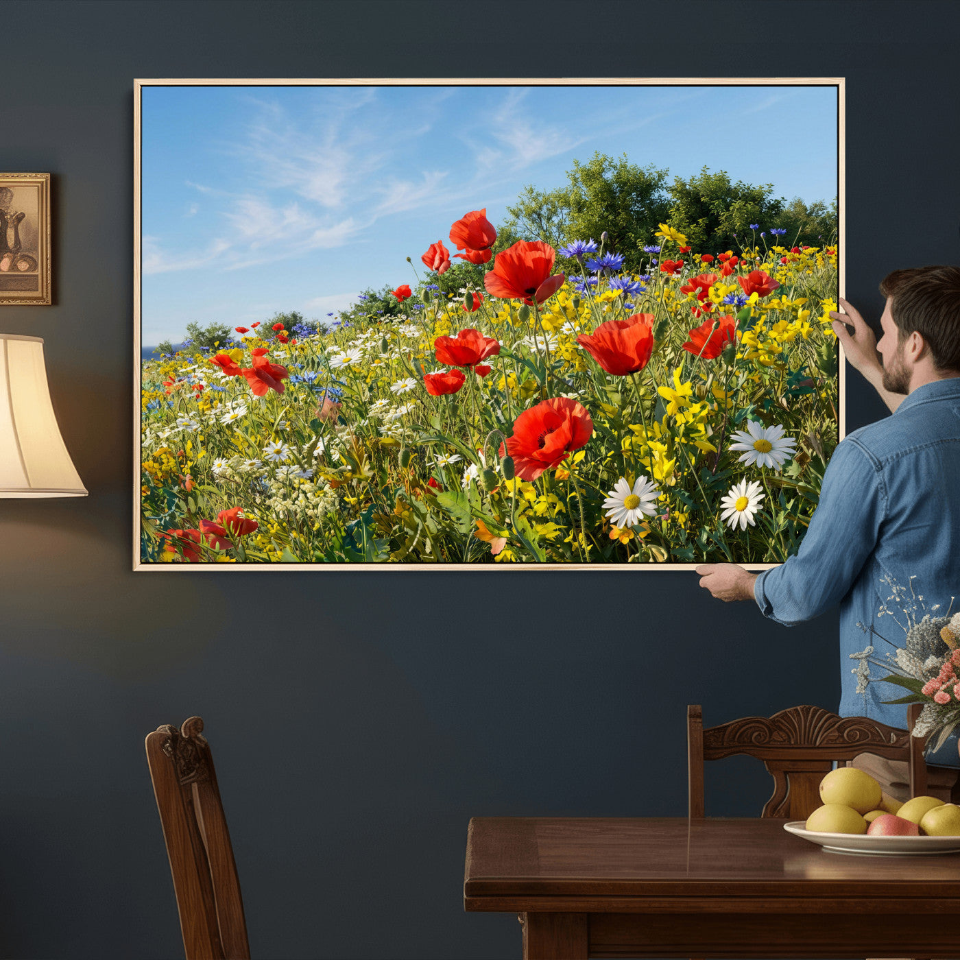 38570784-MGV-CV-36X24 - Wildflower Meadow Wall Art Canvas Print – Colorful Poppy and Daisy Field Landscape Artwork for Living Room Decor