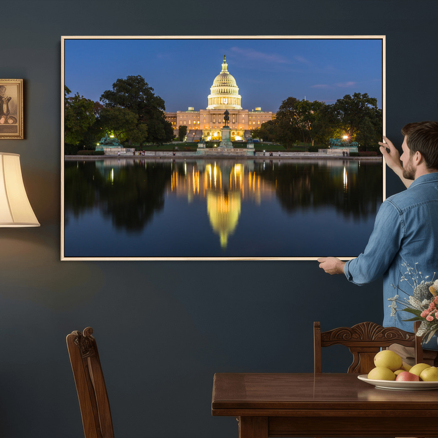 95568590-MGV-CV-36X24 - US Capitol Building Wall Art Canvas Print – Washington DC Landmark Night Reflection Artwork for Office Decor