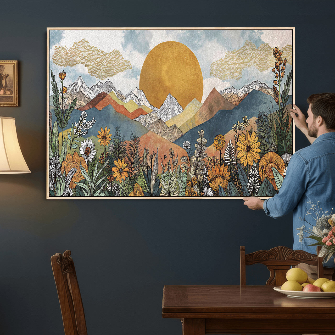 17540863-MGV-CV-36X24 - Boho Mountain Landscape Large Wall Art, Horizontal Gold Framed Canvas Print with Sun and Flowers