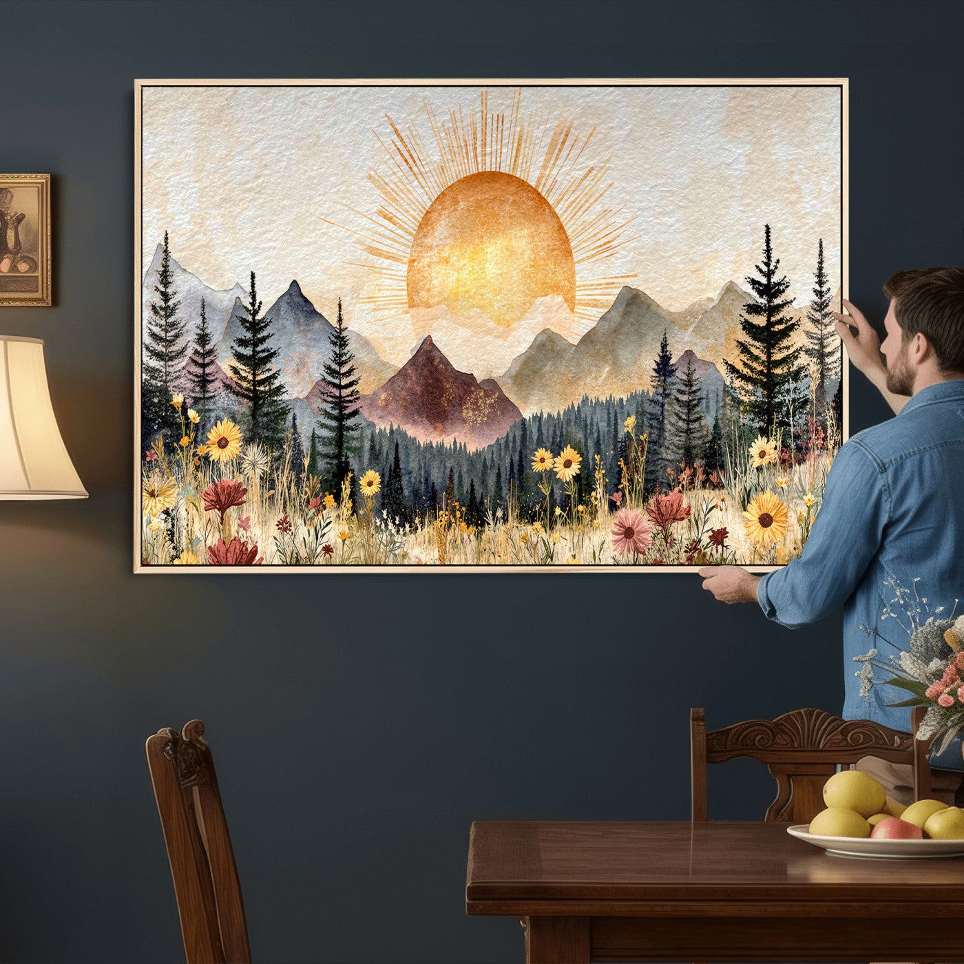 69025244-MGV-CV-36X24 - Boho Mountain Landscape Large Wall Art, Horizontal Gold Framed Canvas Print with Sun and Flowers