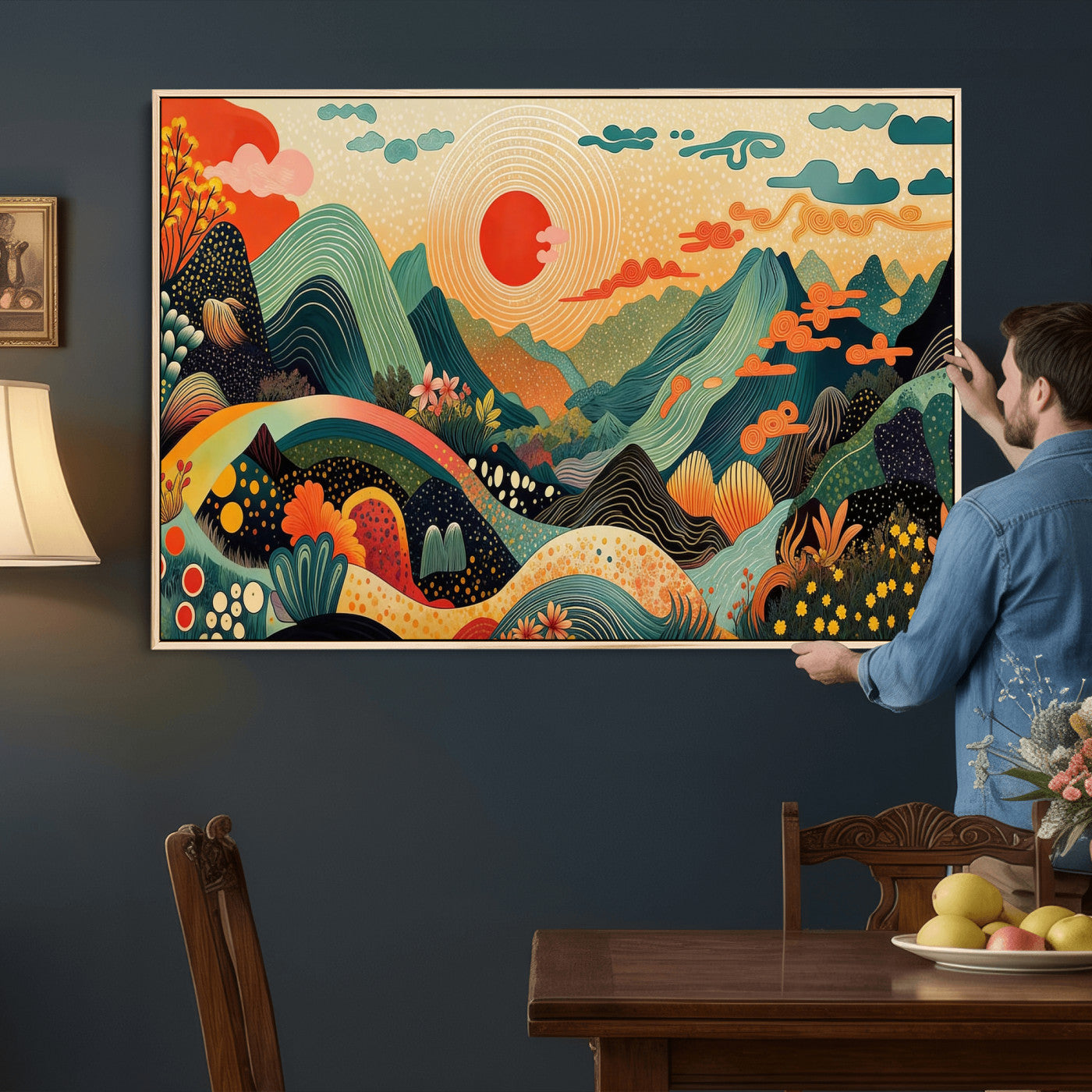 29927191-MGV-CV-36X24 - Yayoi Kusama Boho Mountain Landscape Large Wall Art, Horizontal Gold Framed Canvas Print with Sun and Flowers