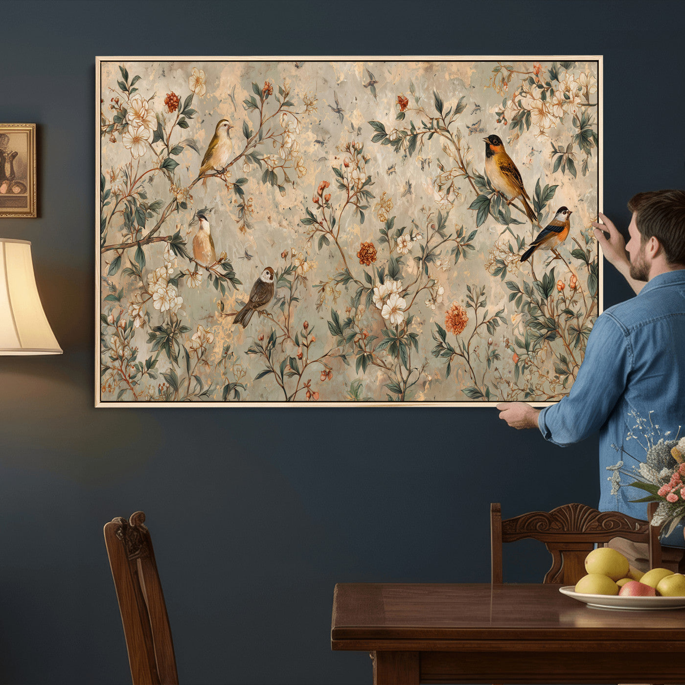 76588438-MGV-CV-36X24 - Vintage Birds and Flowers Wall Art Canvas Print, Botanical Bird Painting Canvas Print, Floral Garden Bird Artwork Canvas Print, Classic Bird Flower Painting Canvas Print