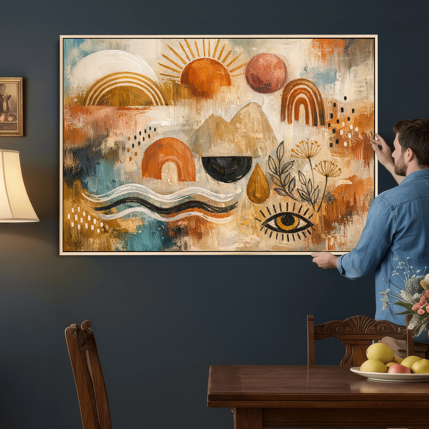 52155239-MGV-CV-36X24 - Geometric Boho Abstract Wall Art Canvas Print, Orange Blue Abstract Expressionist Painting Print, Modern Geometric Abstract Canvas Art