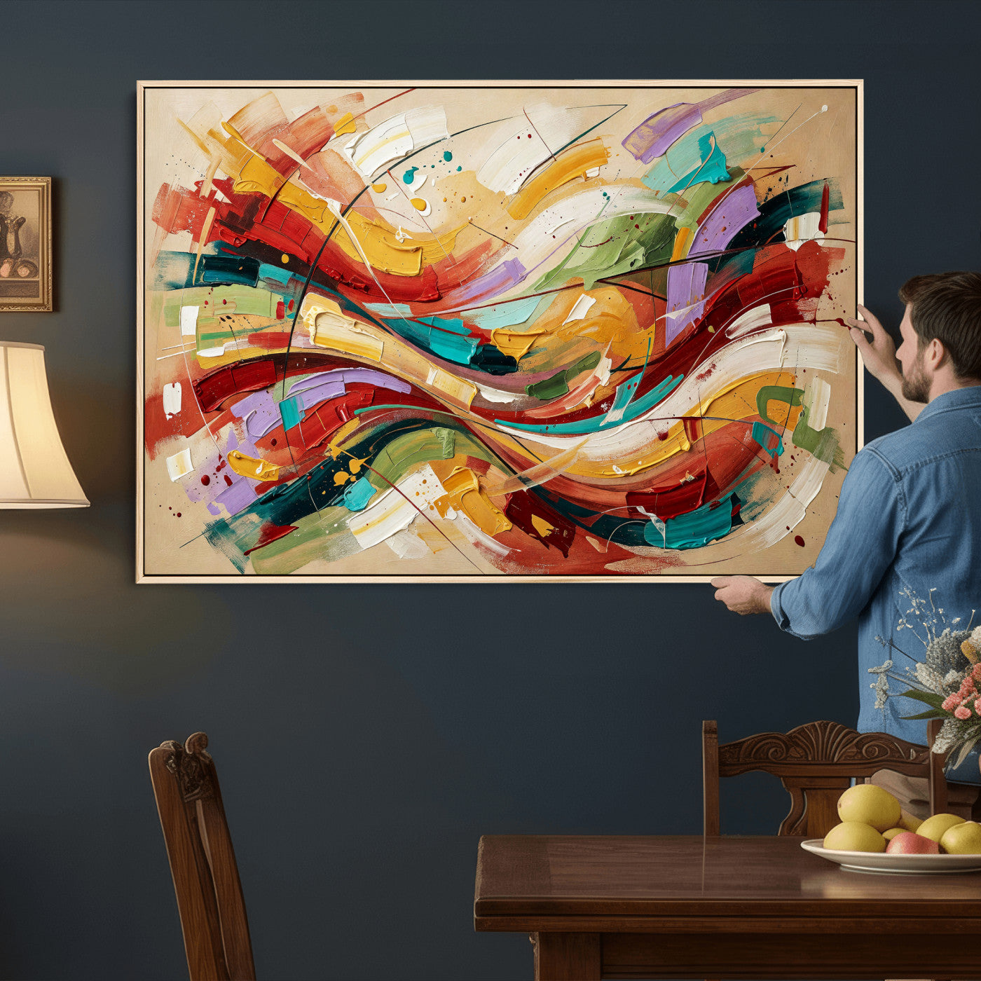 39887645-MGV-CV-36X24 - Geometric Abstract Wall Art Canvas Print, Orange Blue Abstract Expressionist Painting Print, Modern Geometric Abstract Canvas Art