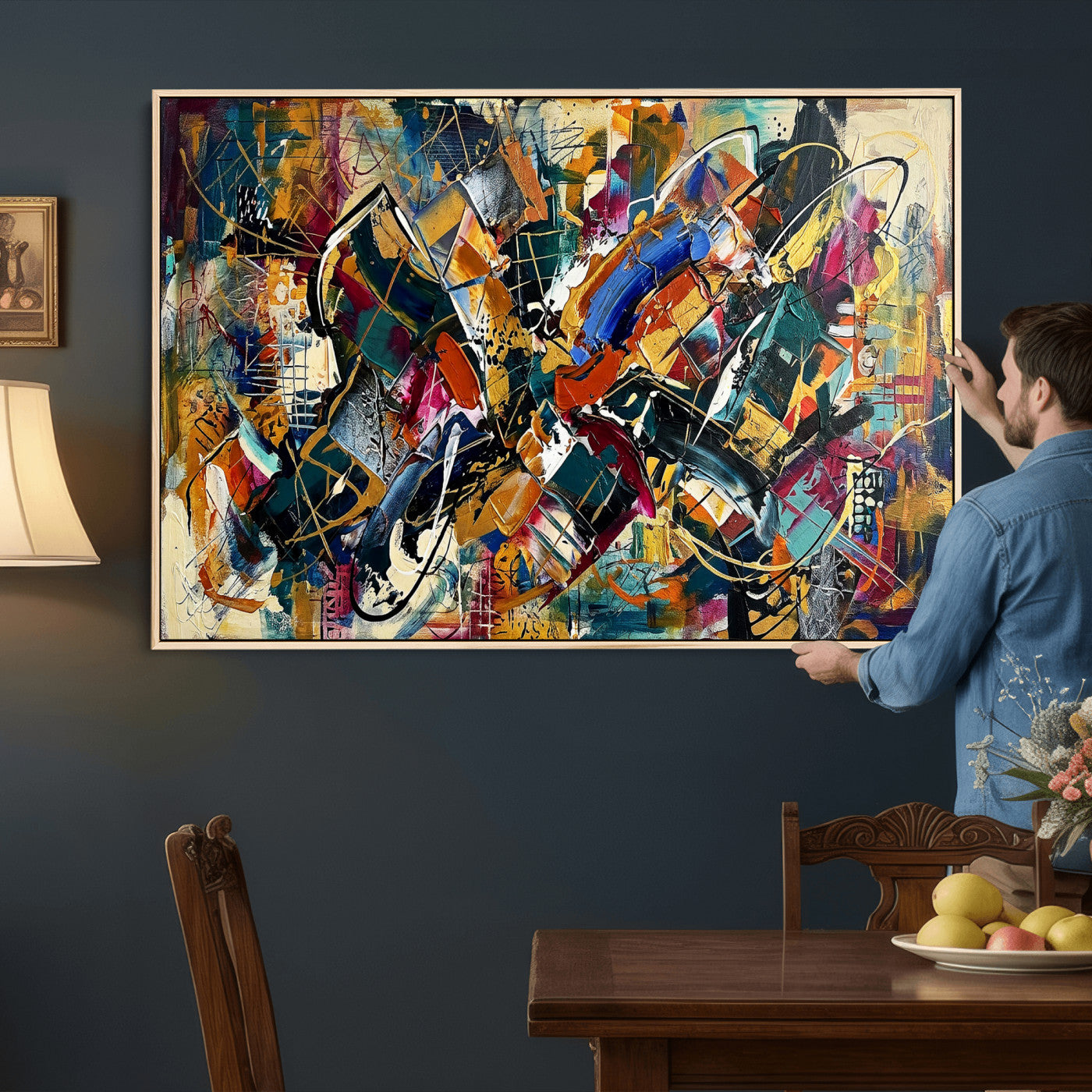 15525527-MGV-CV-36X24 - Geometric Abstract Wall Art Canvas Print, Orange Blue Abstract Expressionist Painting Print, Modern Geometric Abstract Canvas Art
