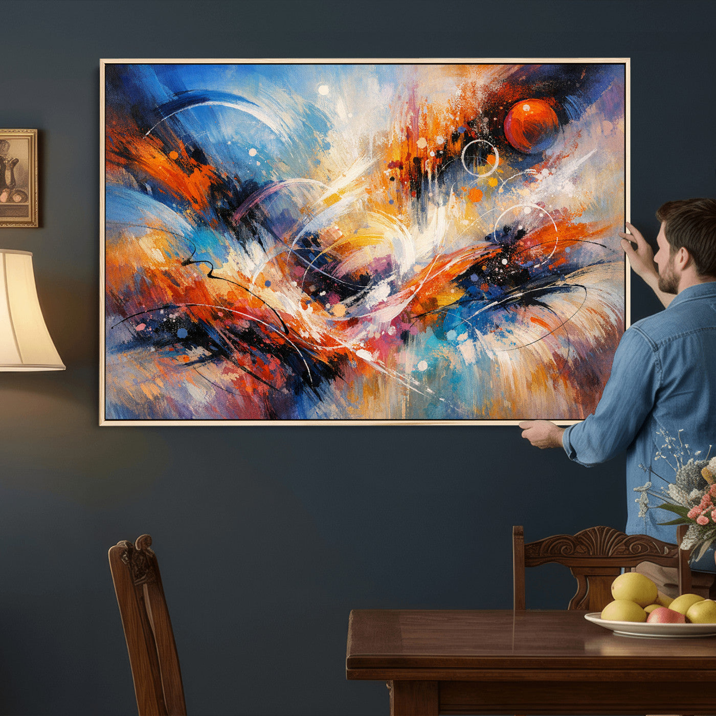47770355-MGV-CV-36X24 - Geometric Abstract Wall Art Canvas Print, Orange Blue Abstract Expressionist Painting Print, Modern Geometric Abstract Canvas Art