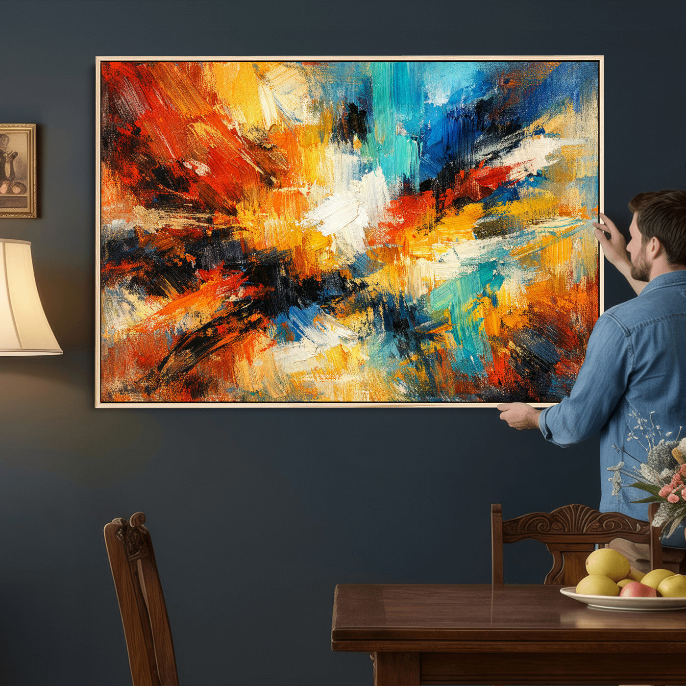 93167583-MGV-CV-36X24 - Geometric Abstract Wall Art Canvas Print, Orange Blue Abstract Expressionist Painting Print, Modern Geometric Abstract Canvas Art